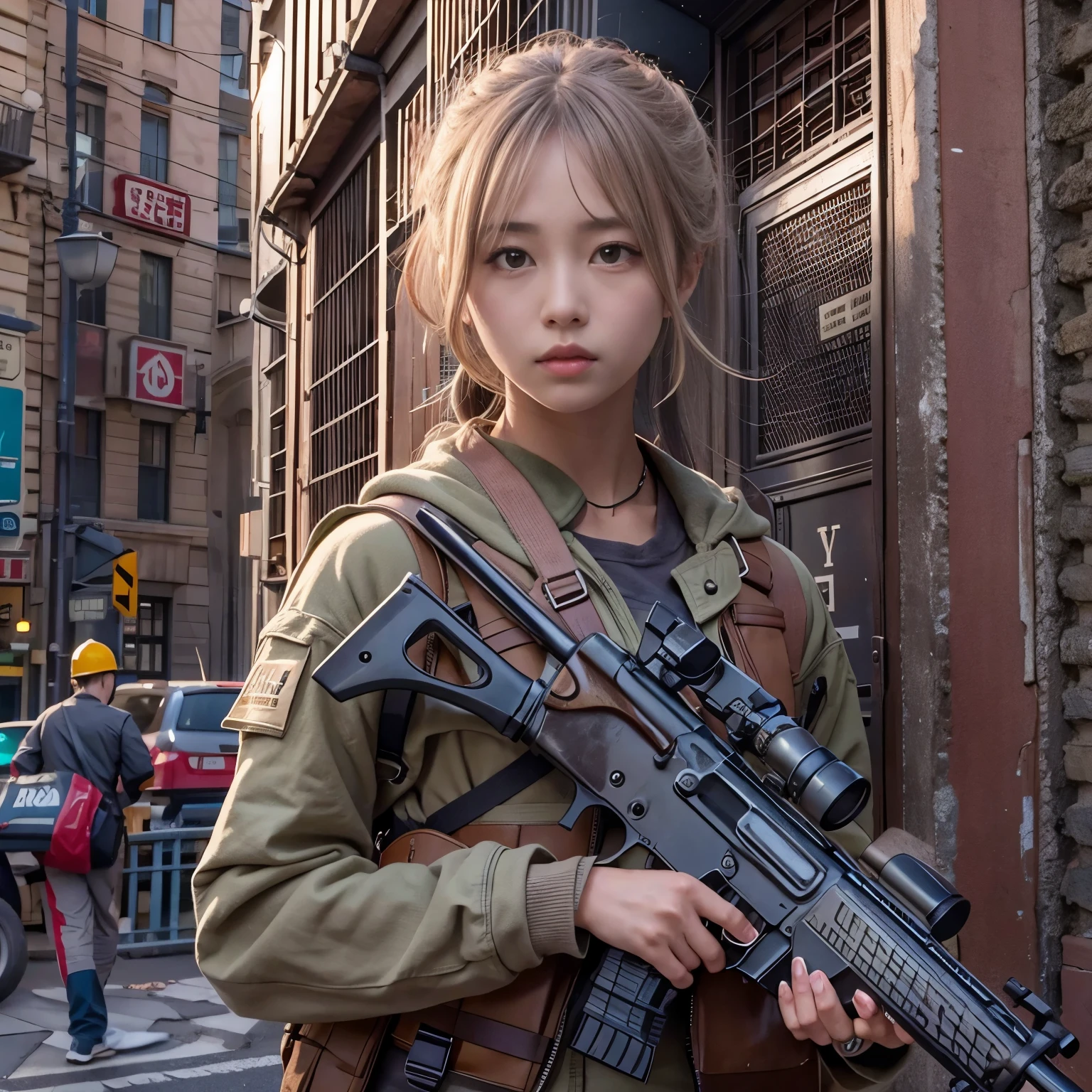 (masterpiece, best quality:1.2), (8k uhd, 16k, 32k, ultra high res), (photorealistic:1.37), (RAW photo), ultimate-realistic, ultimate-realistic details, ultimate-realistic texture, ultimate-intricate details, ultimate-realistic lighting, ultimate-realistic shadow, japanese girl, ultimate-cute face, ultimate-RAW skin, ultimate-realistic eyes, A beautiful girl reloading a submachine gun while hiding behind a shield in the city