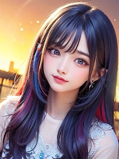 small face、 )Super detailed,bright colors, very beautiful detailed anime face and eyes, look straight, shiny_skin,girl, (((rainbow colored hair, colorful hair, Half blue、half red hair: 1.2))), 、shiny hair, delicate beautiful face, blush、Glasses、(turquoise eyes), , Valletta, earrings,、((flower garden、sunset、luxury hotel))、((silver、translucent、short sleeve、Floral、Lace blouse))、(twin tails)、(drunk、smile、sleepy face、Smile)、cheerful pose、dynamic、Upper body、