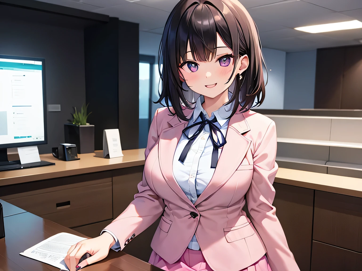 (Masterpiece, top quality, high resolution, realistic photo, realistic looking skin:1.1),
(Woman is a receptionist at the general reception center:1.5),
(She is serving a customer in an office chair inside the counter of the reception center:1.8),
(She has a smiling expression:1.8),
(She is wearing a pink blazer and pink mini-skirt setup:1.8),
(She is wearing black pumps: 1.5),
(She has medium short black hair:1.5),
(She is a receptionist, so her shirt and blazer are all buttoned up: 1.8),
(There is a thick ribbon around her neck:1.8),
(Located in an office chair in the counter of the general reception center:1.5),
1 Japanese girl, solo, full bodied esbian, beautiful eyes, glowing eyes, glowing thighs, NSFW