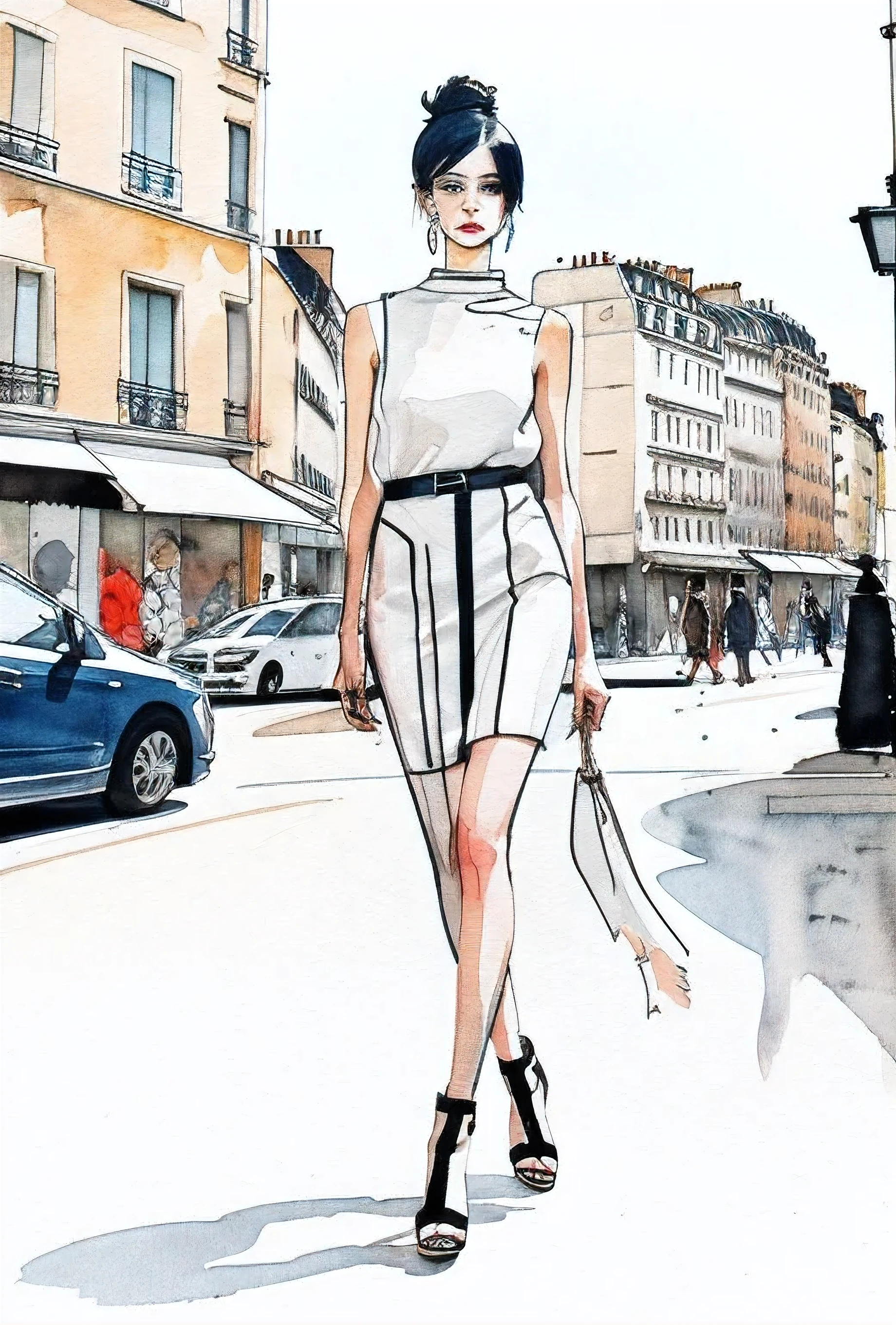 Fashion illustrations by Miyuki Morimoto, Line drawing sketch,Stylish cut, artistic,Scribble style,Clear, bold, thick outlines, fashion design sketch, female,Slim tail,Rough coloring, watercolor painting,woman walking on the streets of paris、