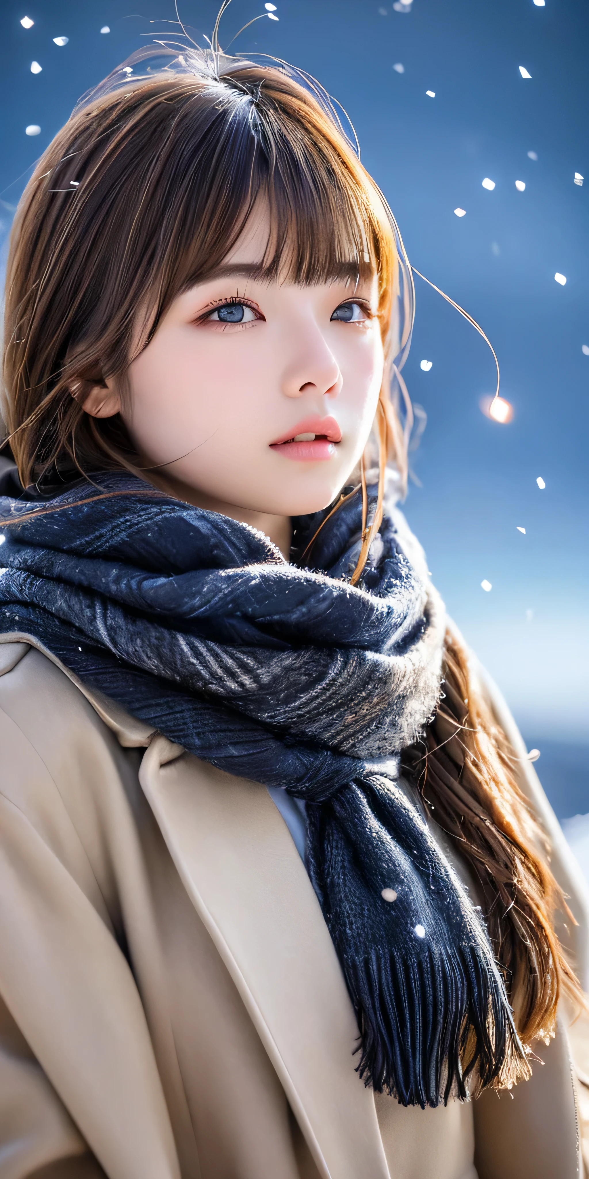 ((hair blowing in the wind、no makeup:1.2))、(realistic、Photoreal、Super detailed、best detailed skins、highest quality、masterpiece、超A high resolution)、cute russian woman、14 years、high school girl、young girl、1 girl、have bangs、ash blonde:1.7、double eyelid、drooling eyes、Japanese style face、purity、realistic skin type、thick muffler、Gray muffler、fluffy hair、((There'hair in scarf:1.3))、red cheeks、The wind is blowing、that'It's snowing、night、illumination、Lighting from behind、hair blowing in the wind、((Antarctica、A meteor shower、A world view of the aurora))