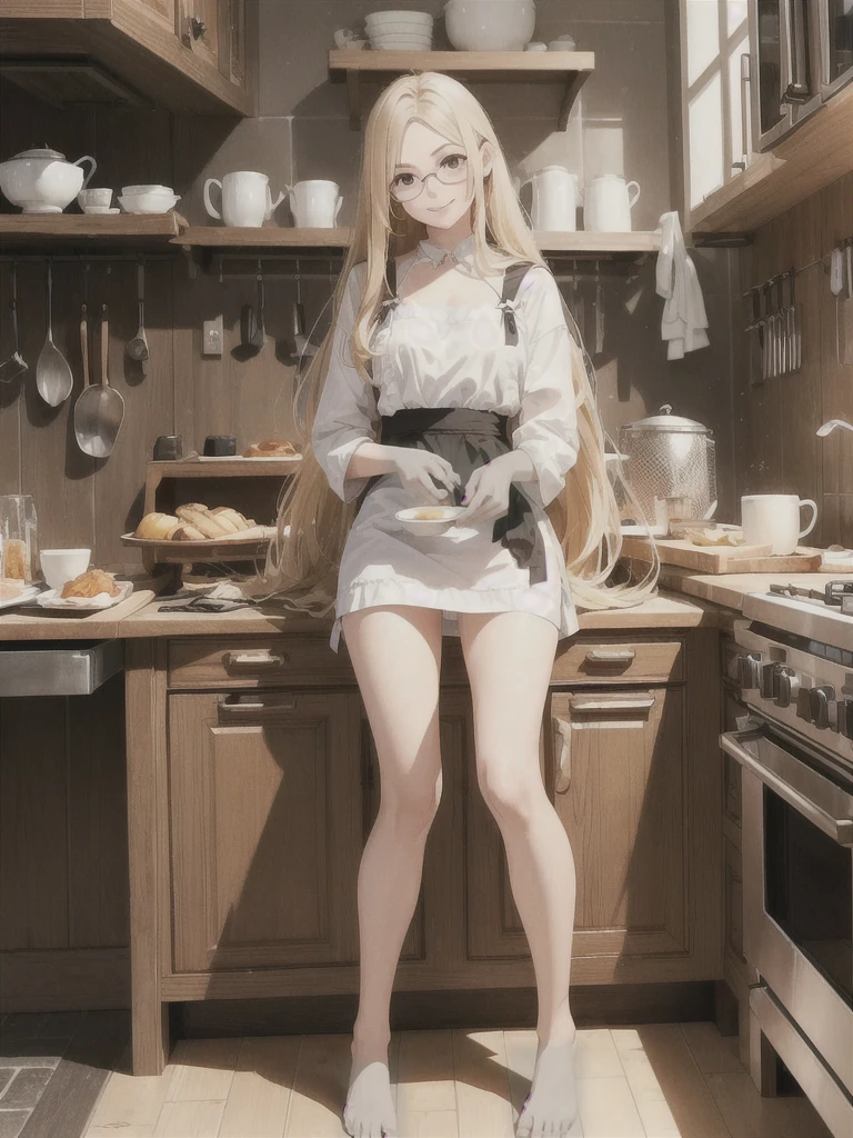 High resolution、Perfect skeleton、perfect fingers、perfect face、20 year old female、one woman、shiny hair quality、beautiful blonde、super long hair、Glasses、Glasses美人、breakfast、cooking、kitchen、apron、smile、beautiful feet、beautiful thighs