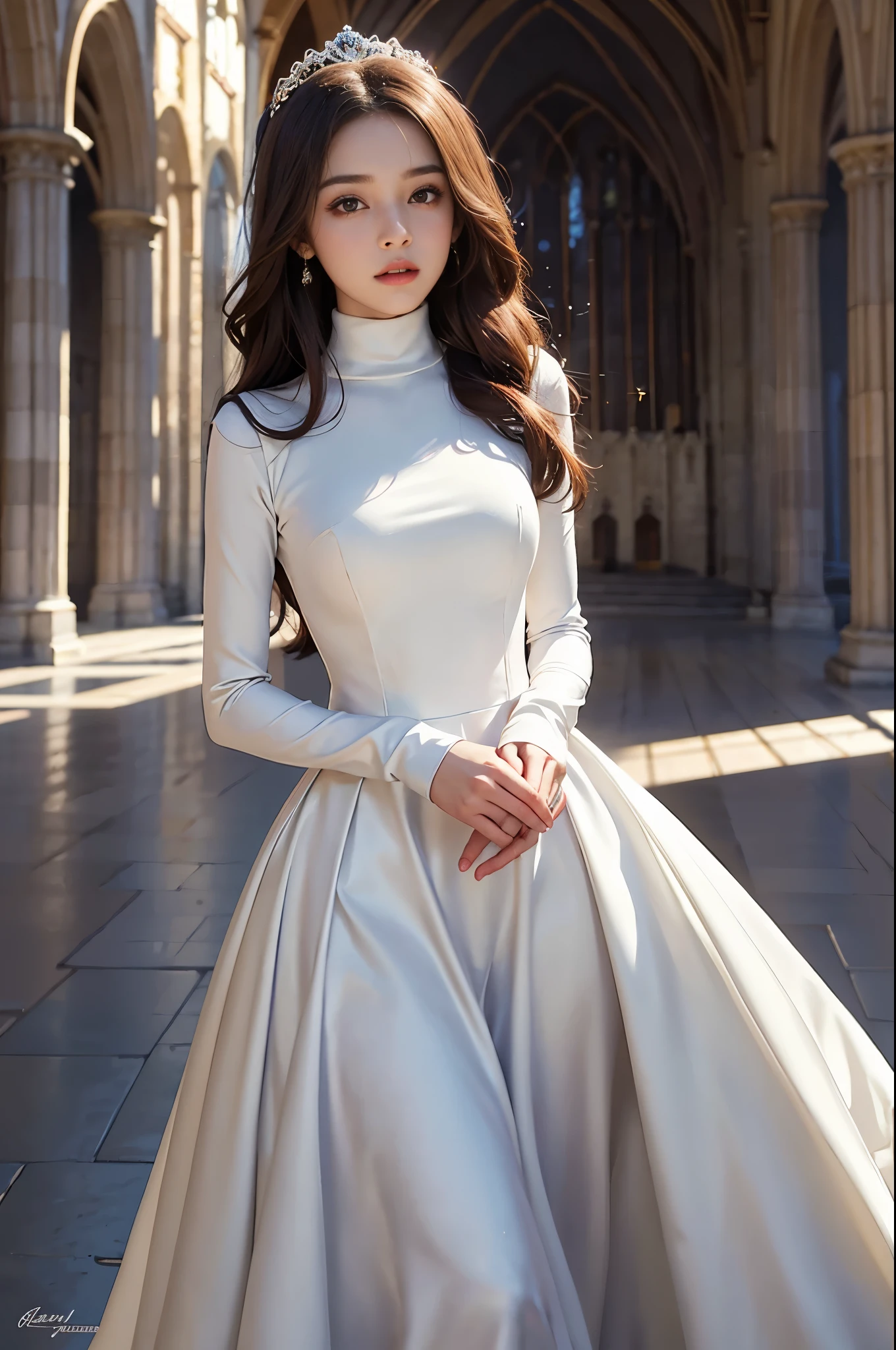 best quality, masterpiece, 1 girl, yak, cute teen, shiny lips, sweet, sun glare, Conservative attire, turtleneck wedding dress, Bridal tiara, depth of field, blurred background, Cathedral Background, light particles, strong wind, long hair, head tilt