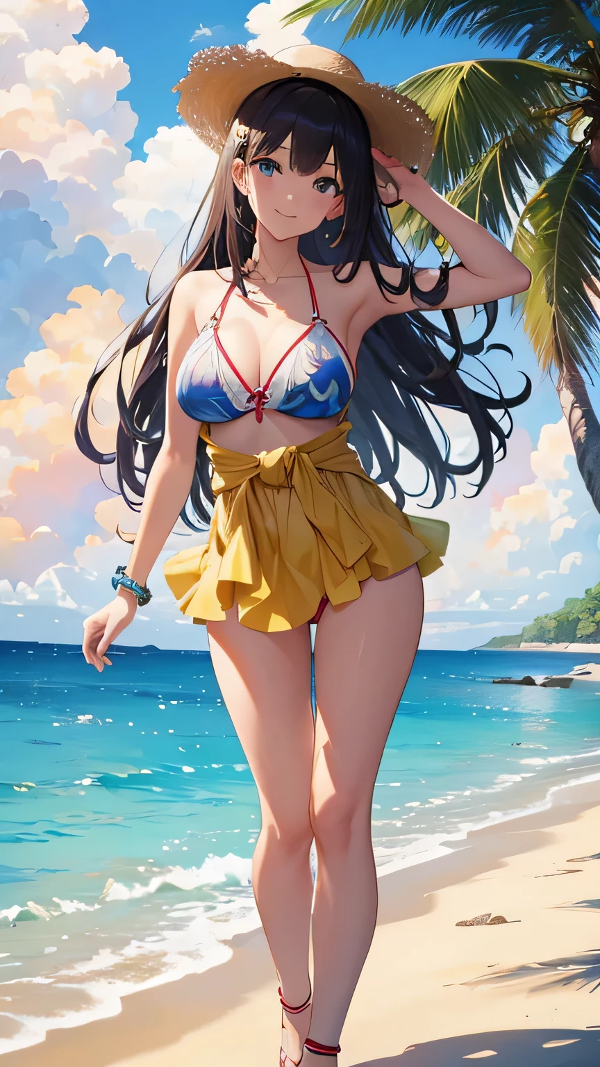 masterpiece、highest quality、超A high resolution、 [ 4K digital art ]!!、 8K high quality detailed art、wallpaper、 detailed digital anime art、reality、movie angle、Burning idol pose、((beautiful woman full body portrait))、(1 female))、cute face、 (Detailed depiction of a beautiful face)、smile gently、、young、bikini swimwear、(Ethnic patterns and primary colors wrapped around the waist and skirt)、photorealistic perfect body、((Beautiful tropical beach landscape photography))、tropical、Against the background of palm trees、on a sunny beach、With the sea in the background、blur background、