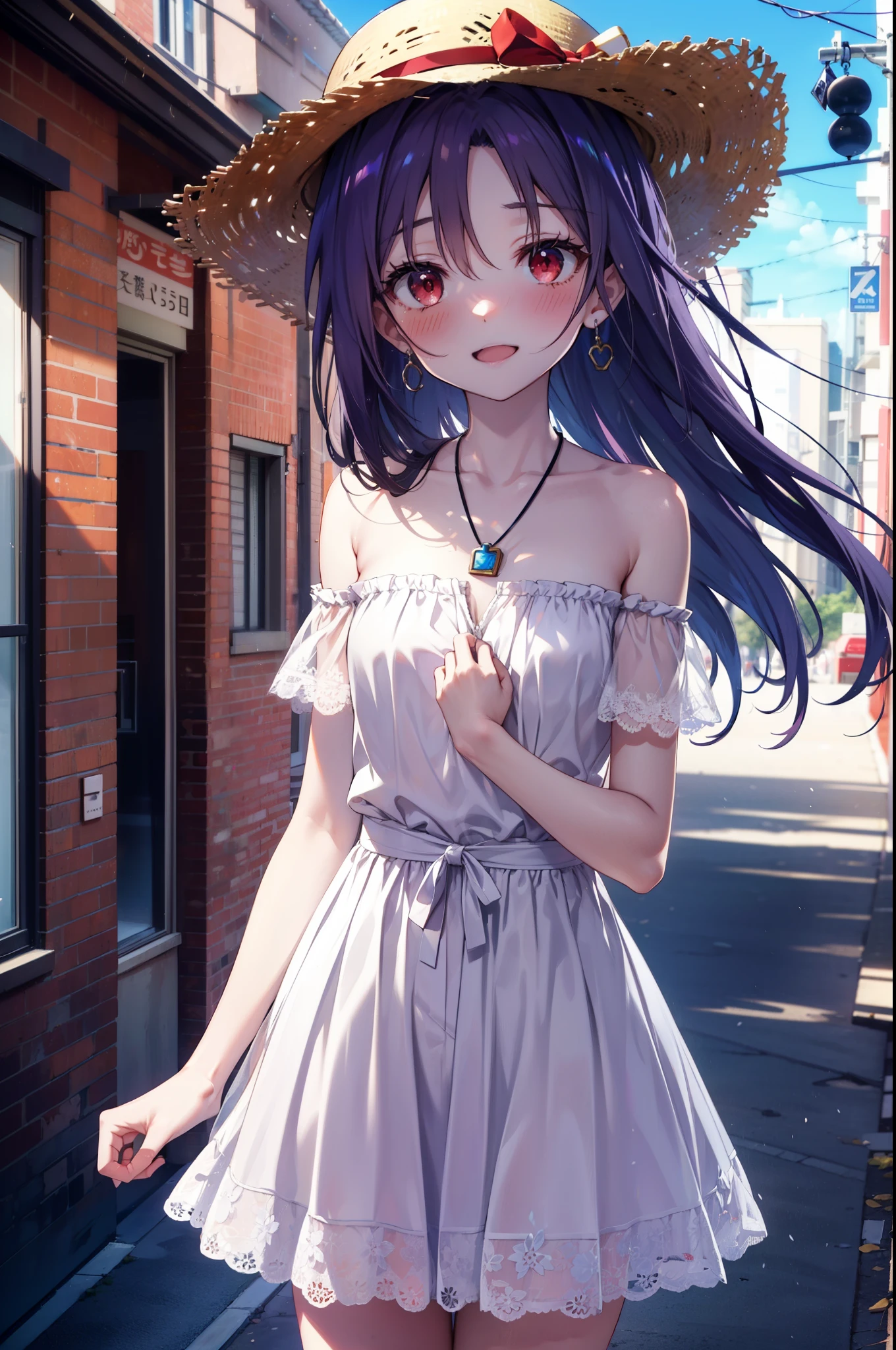 yuukikonno, Konno Yuuki, hair band, long hair, pointed ears, purple hair, (red eyes:1.5), (small breasts:1.2), smile,blush,open your mouth wide,straw hat,White long skirt integrated dress,bare shoulders,bare clavicle,Bare neck,bare arms,Cute Sandals,bend forward a little,noon,Clear skies,locket necklace,
break looking at viewer, Upper body, full body,(cowboy shot:1. 3)
break outdoors, In town,building street,
break (masterpiece:1.2), highest quality, High resolution, unity 8k wallpaper, (figure:0.8), (detailed and beautiful eyes:1.6), highly detailed face, perfect lighting, Very detailed CG, (perfect hands, perfect anatomy),