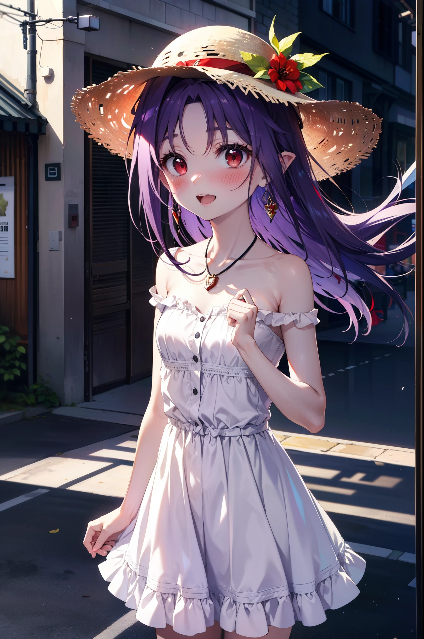 yuukikonno, Konno Yuuki, hair band, long hair, pointed ears, purple hair, (red eyes:1.5), (small breasts:1.2), smile,blush,open your mouth wide,straw hat,White long skirt integrated dress,bare shoulders,bare clavicle,Bare neck,bare arms,Cute Sandals,bend forward a little,noon,Clear skies,locket necklace,
break looking at viewer, Upper body, full body,(cowboy shot:1. 3)
break outdoors, In town,building street,
break (masterpiece:1.2), highest quality, High resolution, unity 8k wallpaper, (figure:0.8), (detailed and beautiful eyes:1.6), highly detailed face, perfect lighting, Very detailed CG, (perfect hands, perfect anatomy),