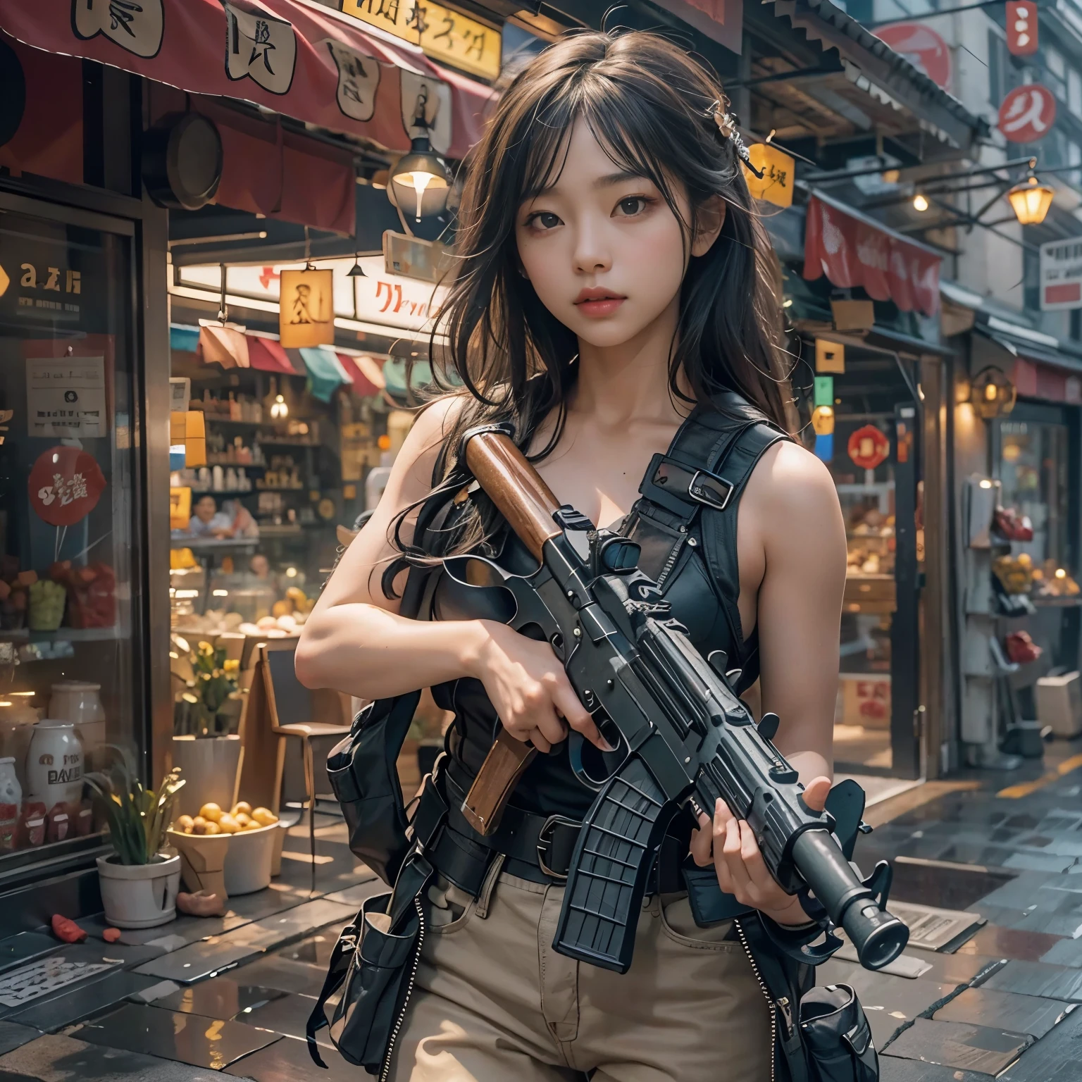 (masterpiece, best quality:1.2), (8k uhd, 16k, 32k, ultra high res), (photorealistic:1.37), (RAW photo), ultimate-realistic, ultimate-realistic details, ultimate-realistic texture, ultimate-intricate details, ultimate-realistic lighting, ultimate-realistic shadow, japanese girl, ultimate-cute face, ultimate-RAW skin, ultimate-realistic eyes, A beautiful girl reloading a submachine gun while hiding behind a shield in the city