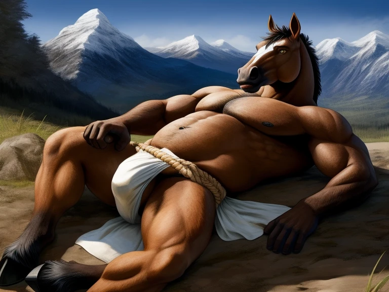 Furry, Antro, Horse Brown dark, Fundoshi bulto, Fundoshi White, Solo, Bulto Male Big, scrotum, Hooves ,Detallado, cuerpo completo, cuerpo furry, lying, mountain, Gold Eyes