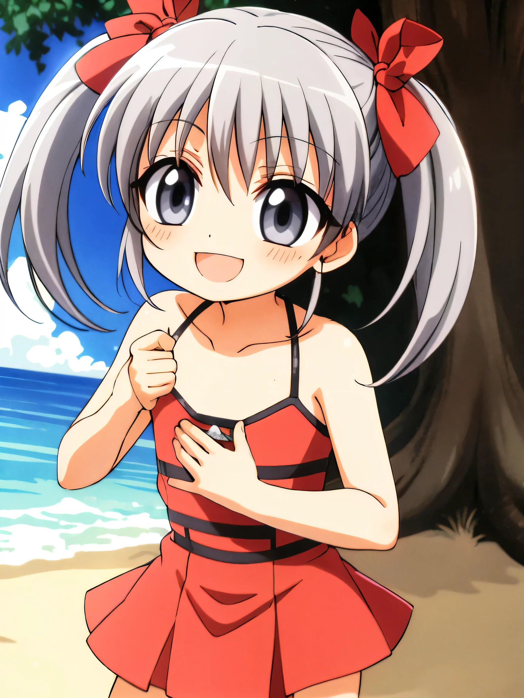 silver hair、gray eyes、twin tails、flat chest、full nude、he is short、High resolution、highest quality、detailed face、beach、anime moe art style、smile、cowboy shot、puffy nipple、