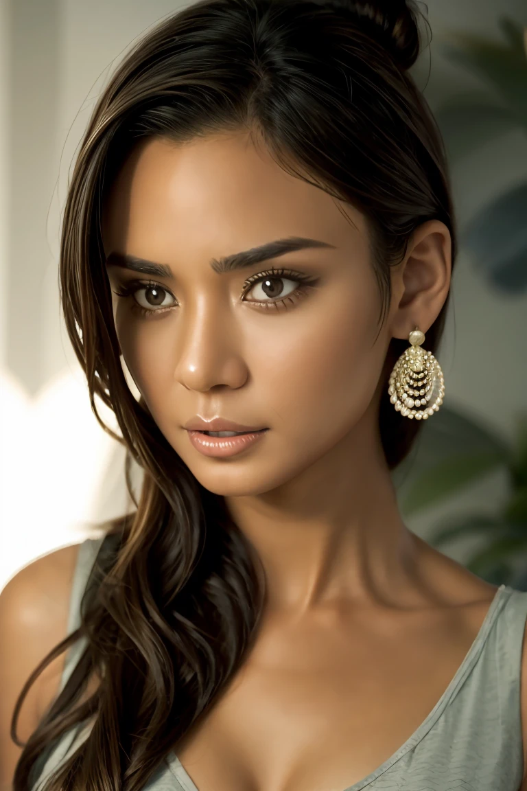High detailed, 4k, Masterpiece, Cinematic Lighting,  woman with a curvy body, in a bathroom, she is wearing a towel around her body , depth of field, , messy bun dark blonde hair , satisfied and confident looking at viewer , young sexy 31 yo malay thailand mixed woman, fresh sexy seductive look