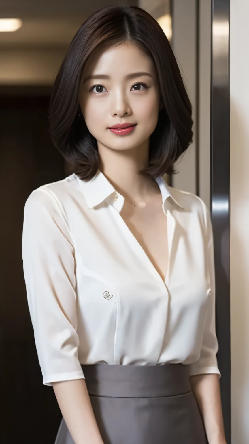 1 Japanese female,OL、office、middle shot、shiny skin,soft smile、black hair、White collared blouse、chest bulge、beautiful bust、gray tight skirt、black hair、pumps,highest quality,Very delicate and beautiful 8K,very high resolution,,beautiful detailed girl,realistic、Company elevator background、beautiful figure、