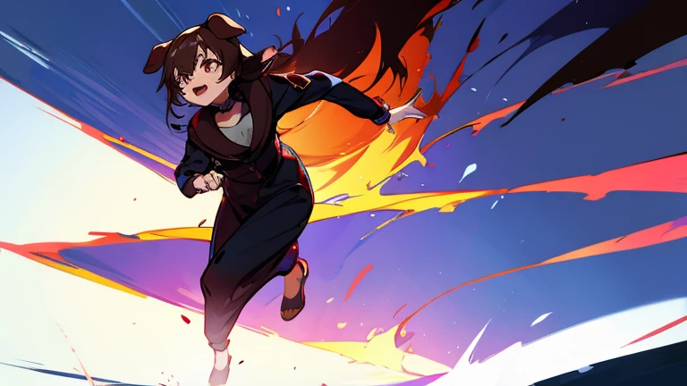 (highest quality), 1 girl, :d, head tilt, inugami korone, brown hair, dog ears,((dark forest)),((Horror Live)),(She is holding a flashlight),((She has a terrified look on her face:1.0)),(She's on the run from a killer:1.5),((full body:1.5)),