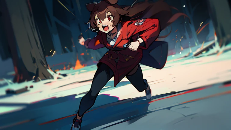 (highest quality), 1 girl, :d, head tilt, inugami korone, brown hair, dog ears,((dark forest)),((Horror Live)),(She is holding a flashlight),((She has a terrified look on her face:1.0)),(She's on the run from a killer:1.5),((full body:1.5)),