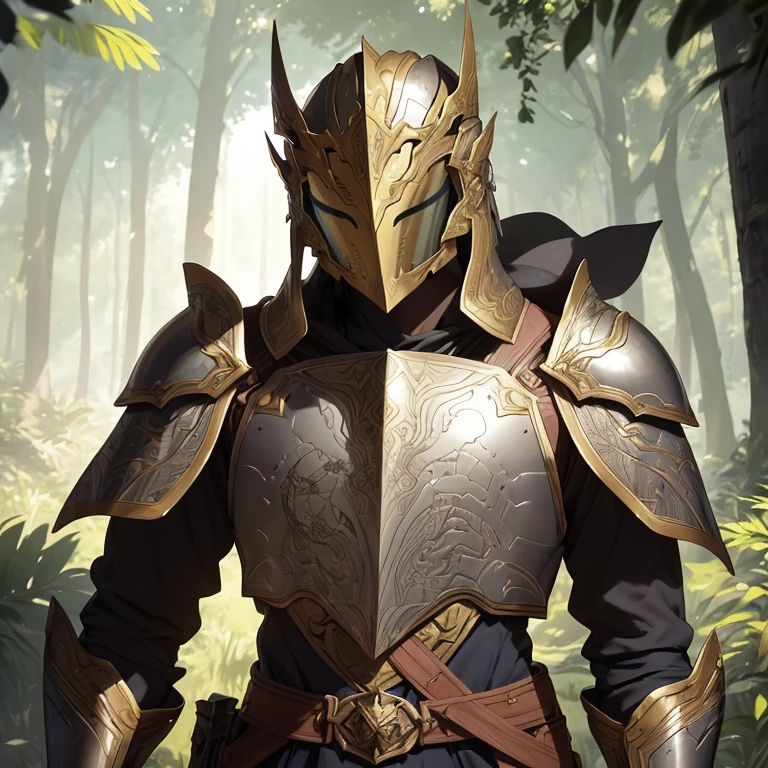 An adventurer clad in armor, treading through a sun-kissed glade, his exquisite facial features lightly tanned by the golden rays. Three-dimensional facial features accentuated each curve and line, perfecting the image of a brave and noble warrior. His helmet shielded his head, while a cape billowed behind him, catching the sunlight. The armor reflected a stunning metallic sheen, each line and curve carefully detailed and lifelike. The adventurer's hand held a remnant of the past – an antique map – as he explored the unknown territory. The sun cast dramatic shadows around him, adding depth and texture to the vivid and lifelike 4K image.