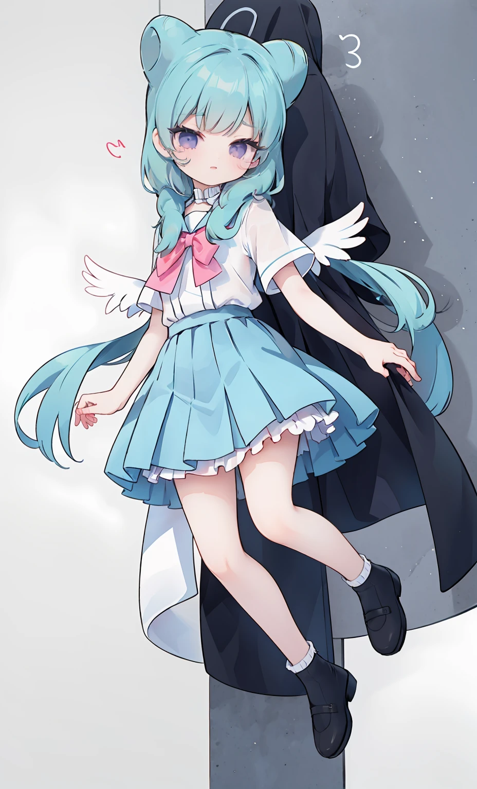 masterpiece, best quality, high resolution, aabeta, double, white simple background, standing, slim waist, cute, sailor uniform, pink bow tie, blue skirt, (PastelColors: 1.3), full body