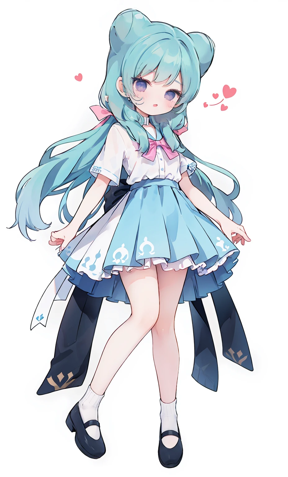 masterpiece, best quality, high resolution, aabeta, double, white simple background, standing, slim waist, cute, sailor uniform, pink bow tie, blue skirt, (PastelColors: 1.3), full body