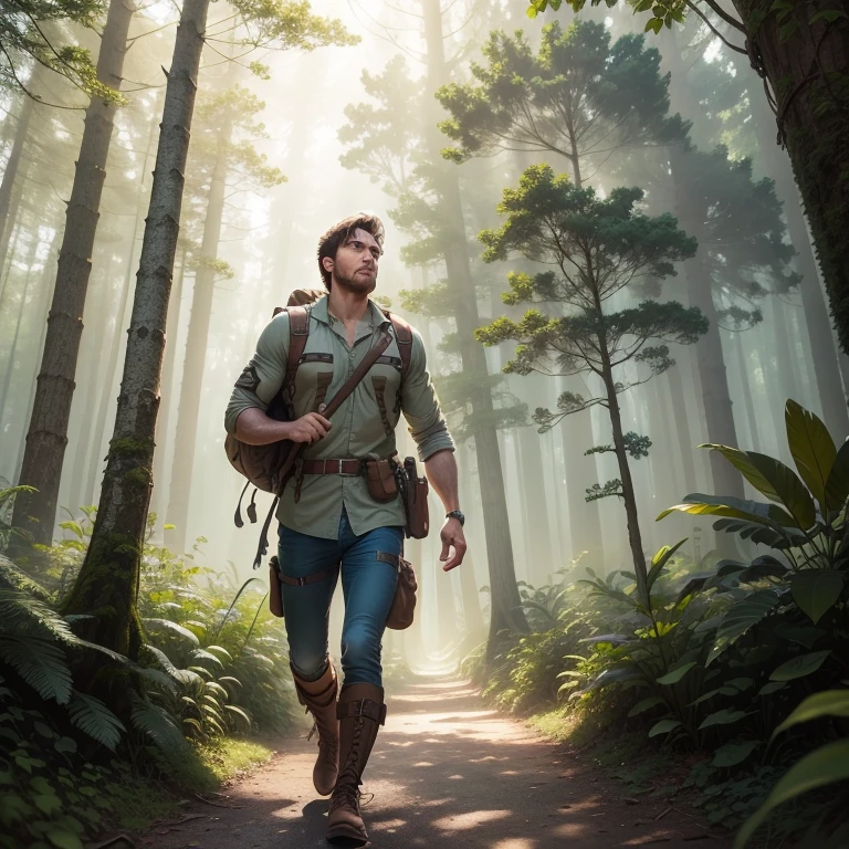 A realistic image of an adventurous man confidently striding through a sun-kissed clearing, 4K. The gentle rays of sunlight filtered through the canopy of towering trees overhead, casting dappled patterns on the man's weathered leather boots with each step he took. The man, clad in worn explorer gear and armed with a sturdy backpack, scanned the clearing with keen interest, his eyes focused on the horizon as if searching for a hidden treasure or unknown danger. The atmosphere was filled with a sense of excitement and wonder, the air thick with the scent of fresh foliage and the sound of birdsong. The man's spirit of adventure shone brightly in his