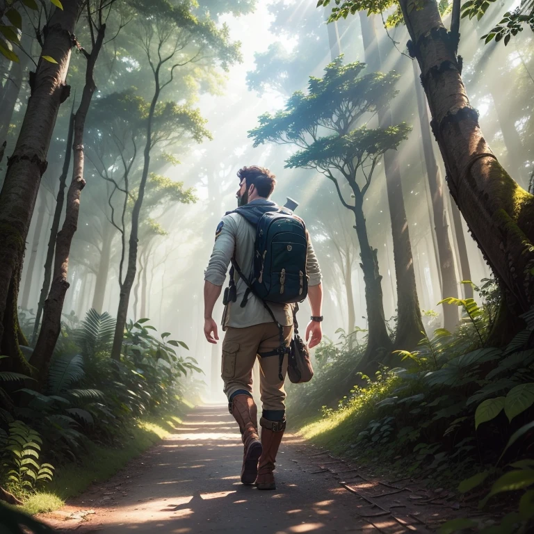 A realistic image of an adventurous man confidently striding through a sun-kissed clearing, 4K. The gentle rays of sunlight filtered through the canopy of towering trees overhead, casting dappled patterns on the man's weathered leather boots with each step he took. The man, clad in worn explorer gear and armed with a sturdy backpack, scanned the clearing with keen interest, his eyes focused on the horizon as if searching for a hidden treasure or unknown danger. The atmosphere was filled with a sense of excitement and wonder, the air thick with the scent of fresh foliage and the sound of birdsong. The man's spirit of adventure shone brightly in his