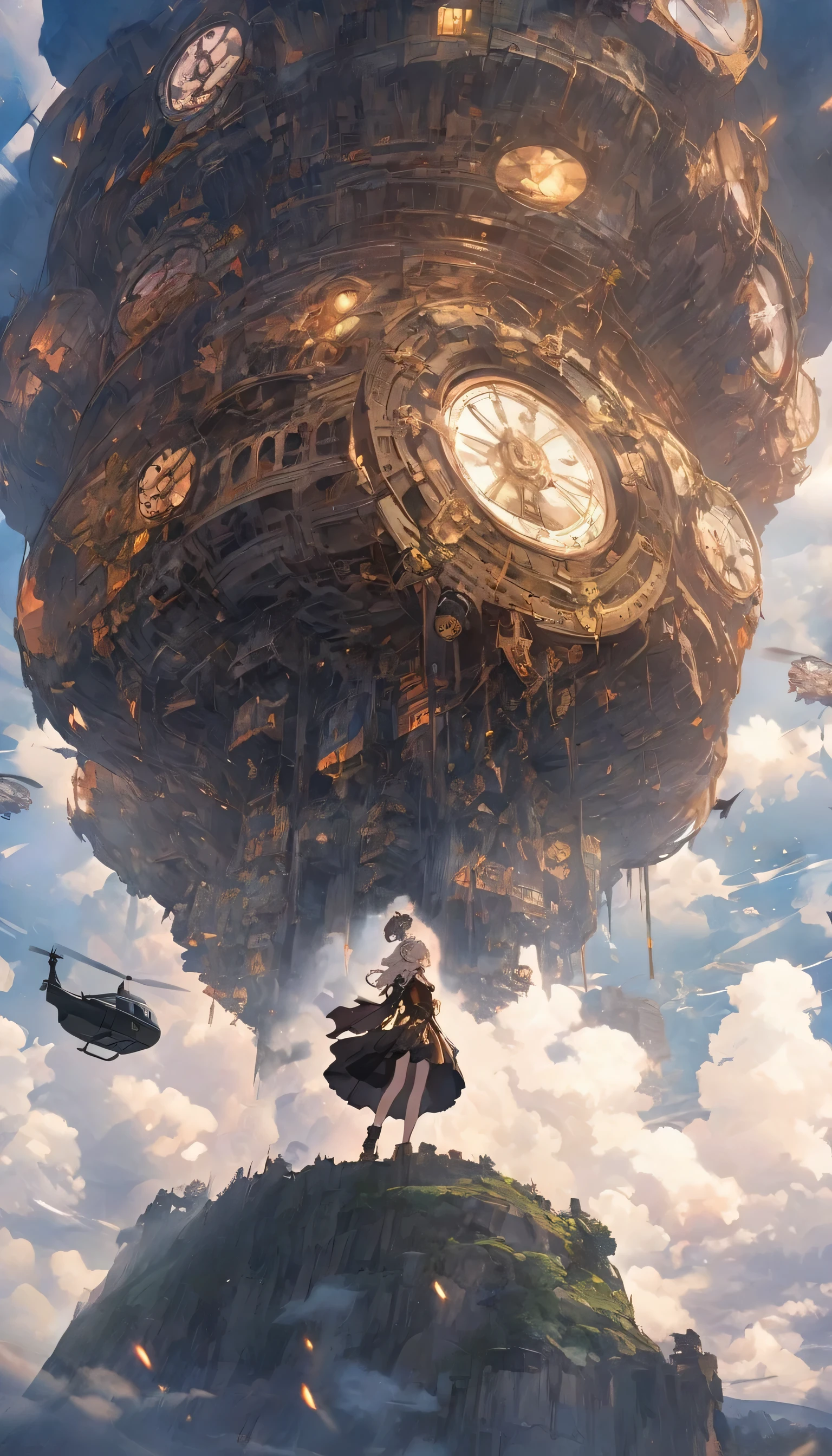 (最high quality、masterpiece、High resolution、be familiar with),, BREAK,anime, 8K, high quality, anime style, In a steampunk world, a helicopter powered by steam and gears flies above the city, BREAK passing over the head of a girl standing on a hilltop. She looks up at the massive machine with eyes full of surprise and admiration, BREAK her gaze reflecting a longing for adventure and hope for the future. The surroundings are quiet, with only the occasional sound of the helicopter's blades carried by the wind.