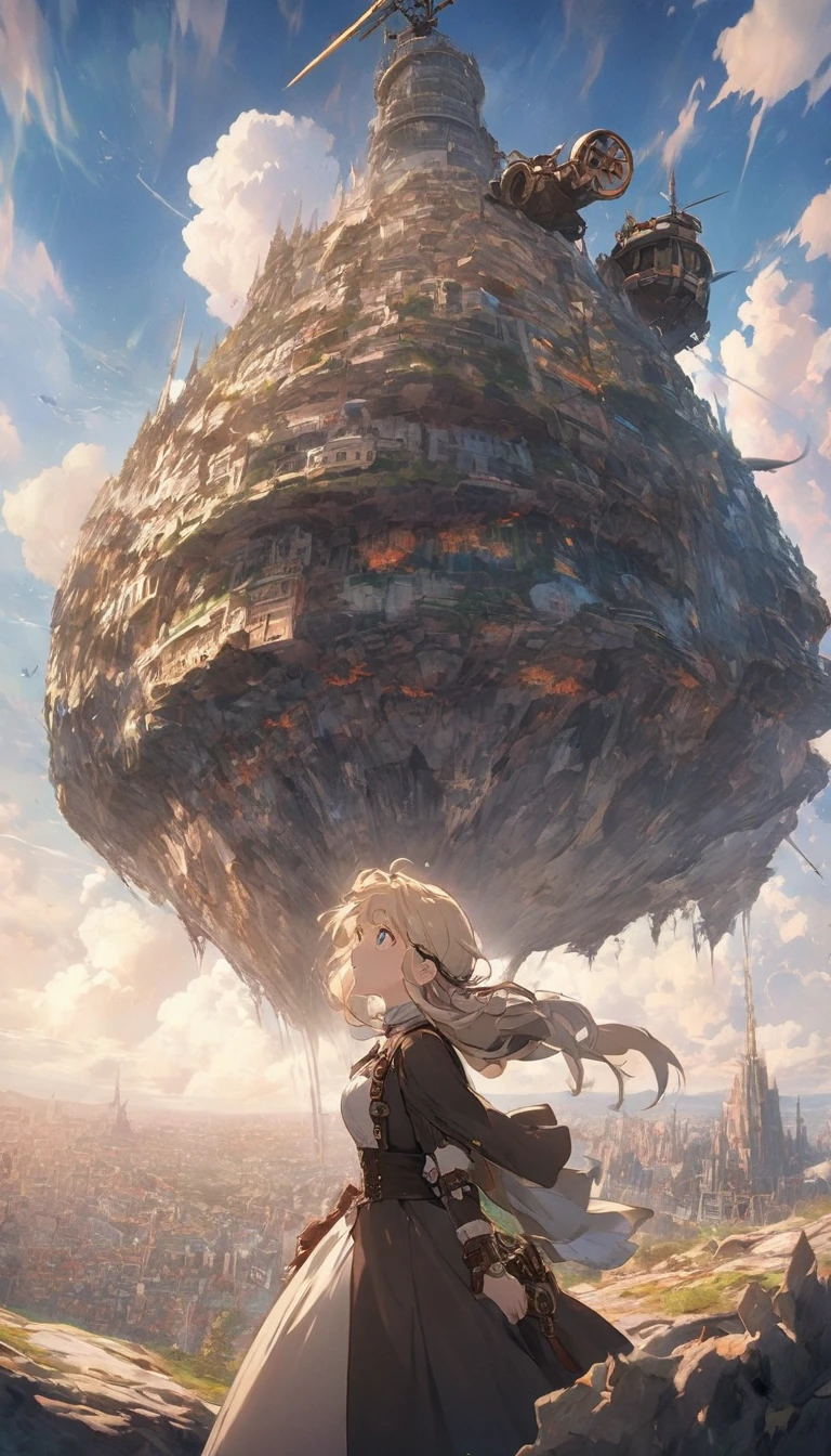 (最high quality、masterpiece、High resolution、be familiar with),, BREAK,anime, 8K, high quality, anime style, In a steampunk world, a helicopter powered by steam and gears flies above the city, BREAK passing over the head of a girl standing on a hilltop. She looks up at the massive machine with eyes full of surprise and admiration, BREAK her gaze reflecting a longing for adventure and hope for the future. The surroundings are quiet, with only the occasional sound of the helicopter's blades carried by the wind.