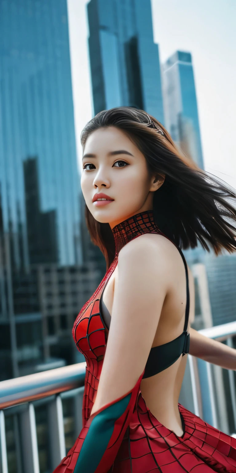 (1 girl:1.3), alone, (((Very detailed face)))), ((very detailed eyes and face)))), 細部までbeautiful目, body parts__, official art, Integrated 8k wallpapers, Super detailed, beautiful and beautiful, beautiful, masterpiece, 最high quality, original, masterpiece, Super detailed photos, 最high quality, ultra high resolution, realistic realism, sunlight, full body portrait, amazing beauty, dynamic pose, delicate face, lively eyes, (from the front), She's wearing a Spiderman suit, red and black color scheme, Spider, Highly detailed city roof background, rooftop, overlook the city, detailed face, Detailed complex and busy background, Messy, nice, milky, highly detailed skin, Realistic skin detail, visible pores, clear focus, volumetric fog, 8k uh, Digital single-lens reflex camera, high quality, film grain, Fair skin, photorealism, lomography, Futuristic dystopian megalopolis, translucent