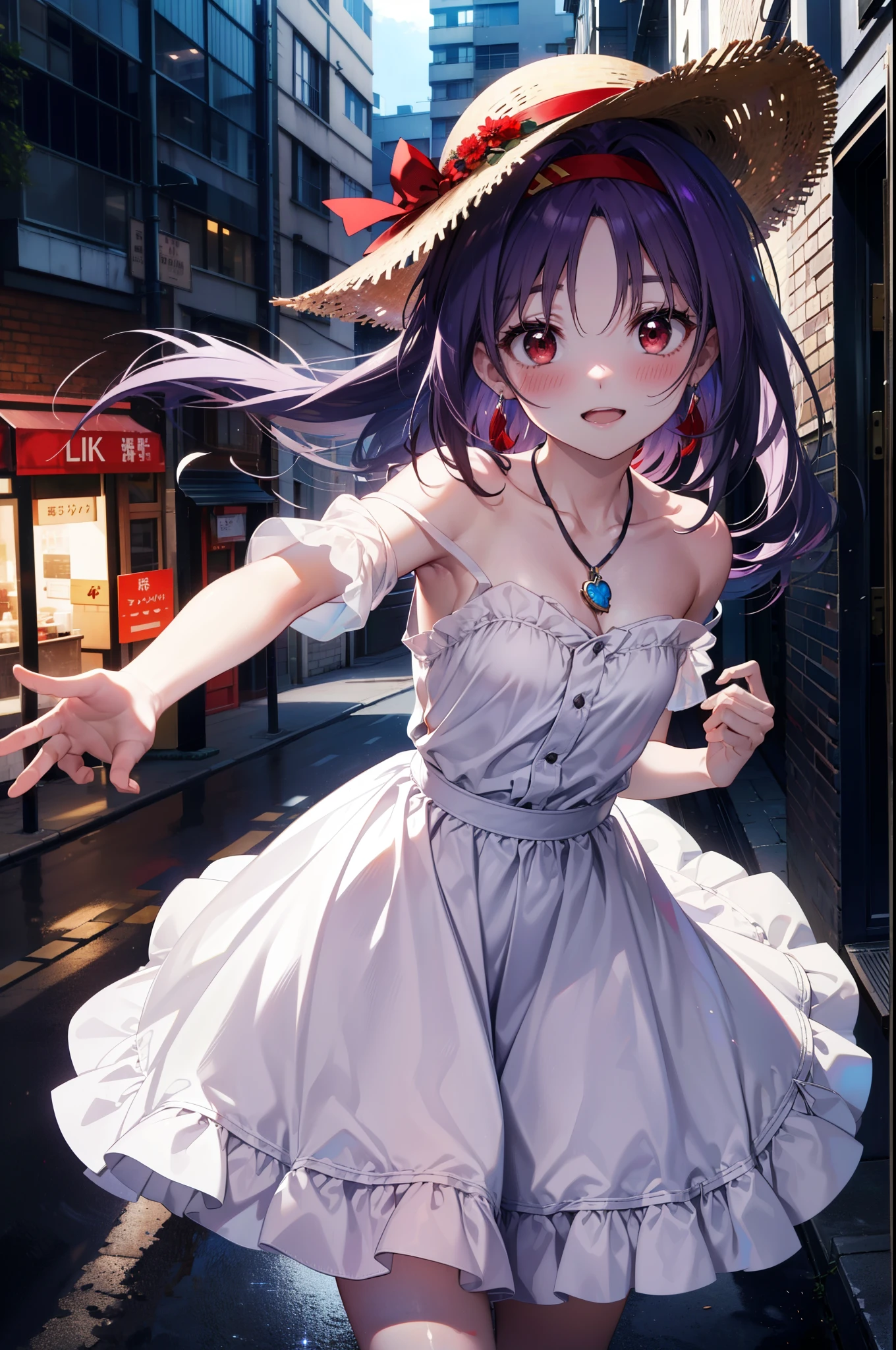 yuukikonno, Konno Yuuki, hair band, long hair, pointed ears, purple hair, (red eyes:1.5), (small breasts:1.2), smile,blush,open your mouth wide,straw hat,White long skirt integrated dress,bare shoulders,bare clavicle,Bare neck,bare arms,Cute Sandals,bend forward a little,noon,Clear skies,locket necklace,
break looking at viewer, Upper body, full body,(cowboy shot:1. 3)
break outdoors, In town,building street,
break (masterpiece:1.2), highest quality, High resolution, unity 8k wallpaper, (figure:0.8), (detailed and beautiful eyes:1.6), highly detailed face, perfect lighting, Very detailed CG, (perfect hands, perfect anatomy),