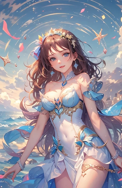 ((work of art, best qualityer)), 精致的面容，Kizi，all-body，Standing photo，perfect body proportions，gorgeous eyes，FantasyStyle，extremely pretty，transparentes，clouds，water ripples，transparentes，fun、May，lace，star decoration