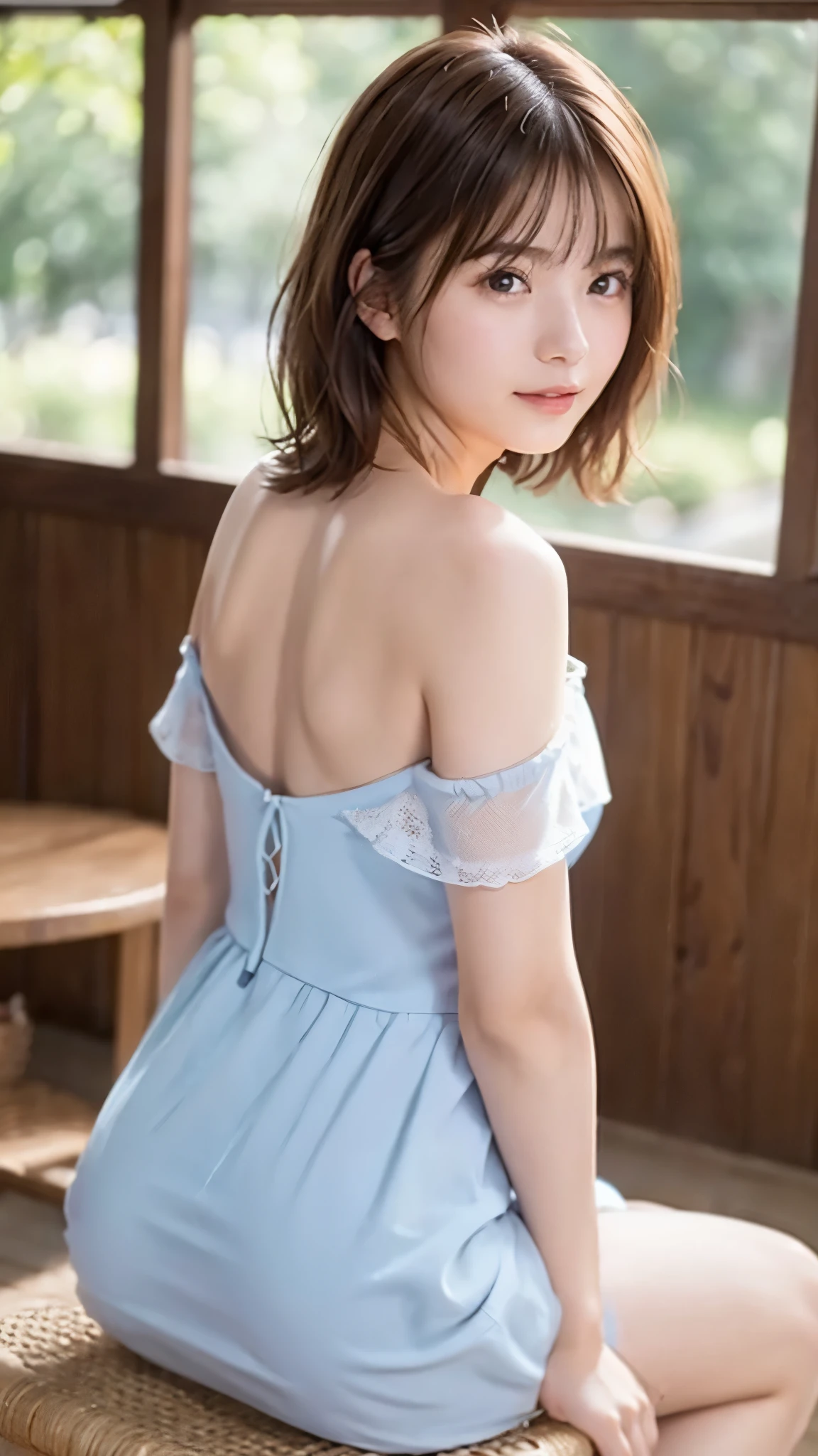 Caucasian 14 year old girl、background blur、Super high quality、sunlight、Off-the-shoulder gorgeous dresses、Fair-skinned beautiful girl、disheveled bob hair、small breasts、small breastsの谷間、A fleeting look、clear outline、Mature atmosphere、high definition skin、Fair and beautiful thighs、hostess、shot from behind、Looking back