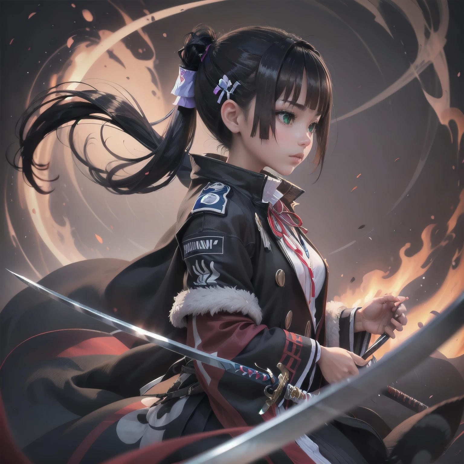 ((1 girl)),Beautiful and seductive profile,black hair,green eyes,Japanese sword