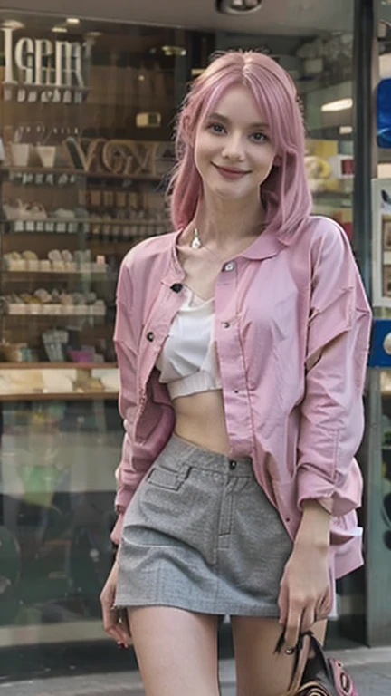 Tall girl, 22 years old, long legs, slim body, sexy, pastel pink hair, green eyes,  uniform, smiling, happy, beautiful girl