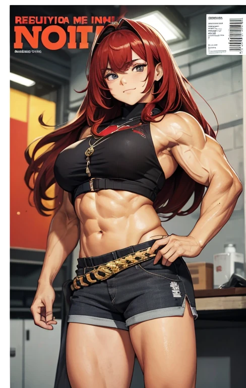 (capa de revista), texto destaque inferior alto, com texto inferior baixo, news texts on the right side , Sozinho, 1 caminhoneiro, (Enorme velho musculoso como boxeador , vestindo shorts, e regata) (cabelo curto, Cor de cabelo em 2 tons, cores de cabelo em dois tons, Cor vermelha e branca do cabelo), peitoral, tamanho muscular anormal, very large muscle, tamanho absurdamente muscular, huge peitoral, wide peitoral, cabelo branco curto, barbudo curto, fundo simples, obra de arte, Altamente detalhado, 8k, high resolution, --estilo 250, -- v 6.0