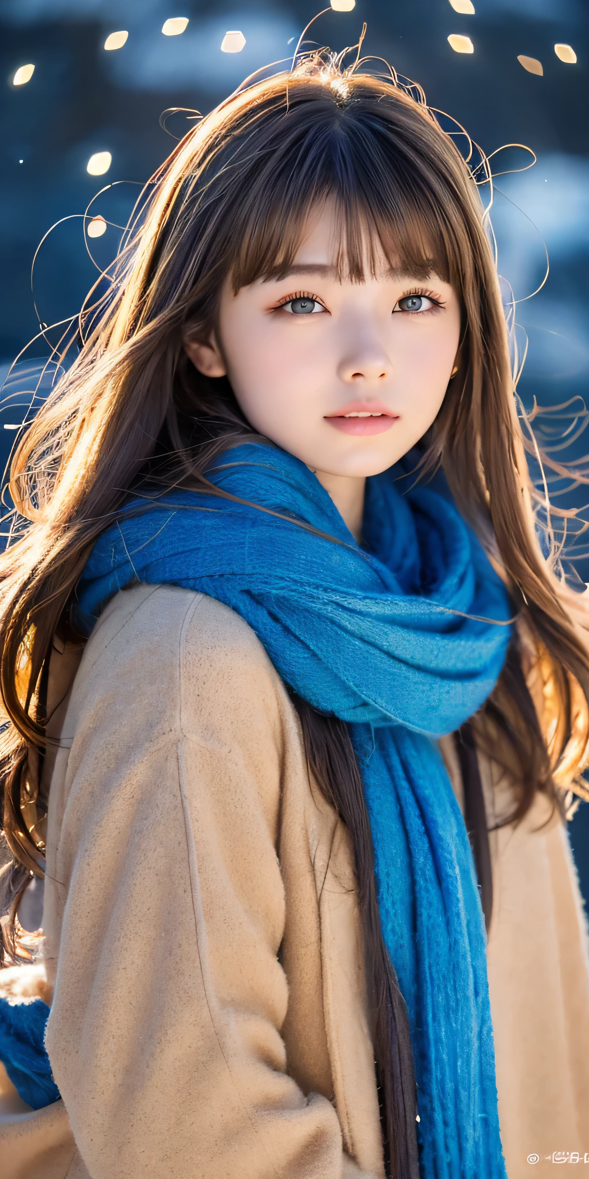 ((hair blowing in the wind、no makeup:1.2))、(realistic、Photoreal、Super detailed、best detailed skins、highest quality、masterpiece、超A high resolution)、cute russian woman、14 years、high school girl、young girl、1 girl、have bangs、ash blonde:1.7、double eyelid、drooling eyes、Japanese style face、purity、realistic skin type、thick muffler、Gray muffler、fluffy hair、((There'hair in scarf:1.3))、red cheeks、The wind is blowing、that'It's snowing、night、illumination、Lighting from behind、hair blowing in the wind、((Antarctica、A meteor shower、The shooting star shines brightly、A world view of the aurora))