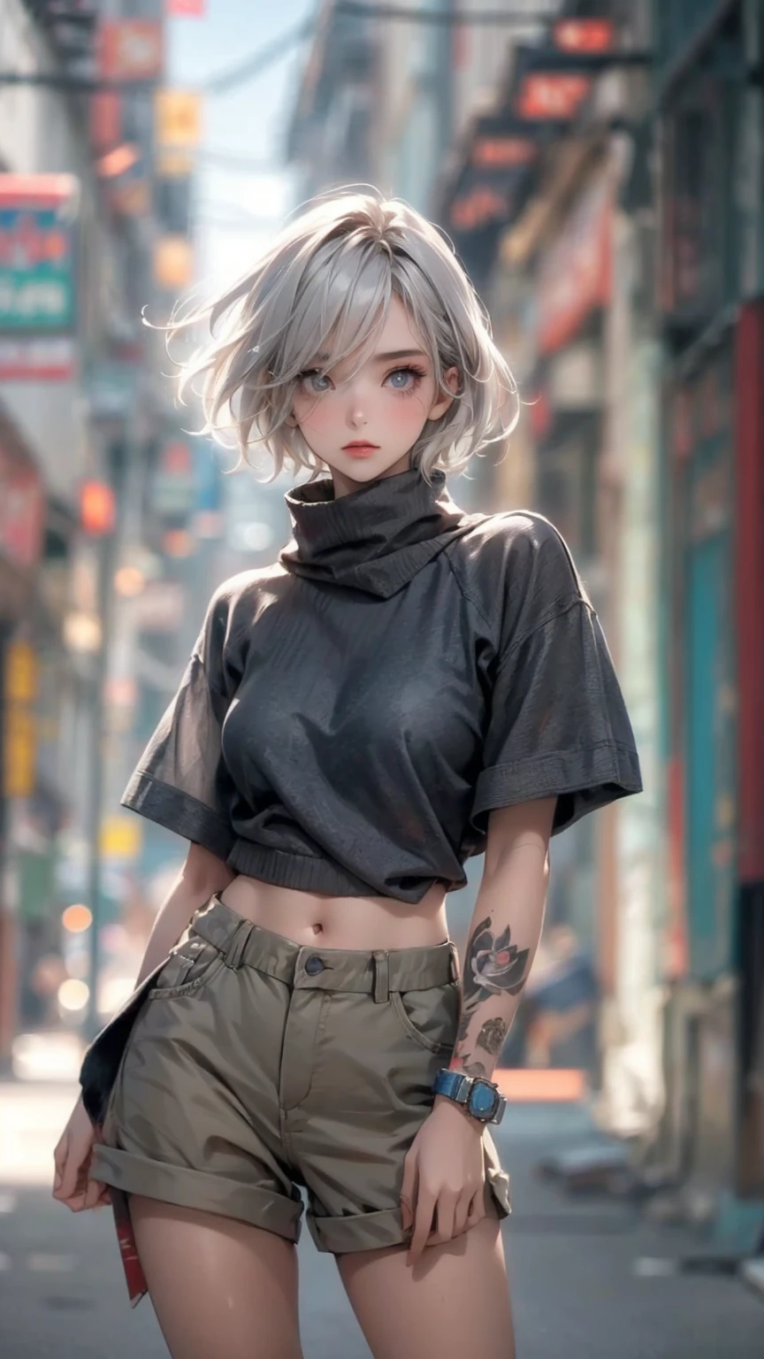 (masterpiece, High resolution, highest quality), ((20 year old woman, Composition from head to thighs, Upper body focus)), fashion pose, detailed eyes, Avant-garde makeup, messy short hair:1.2, ash gray hair, Tube top, tattoo all over the body, blurred background, The deserted backstreets of Cuba:1.3, cinematic lighting, anime style, simple lines, digital painting,