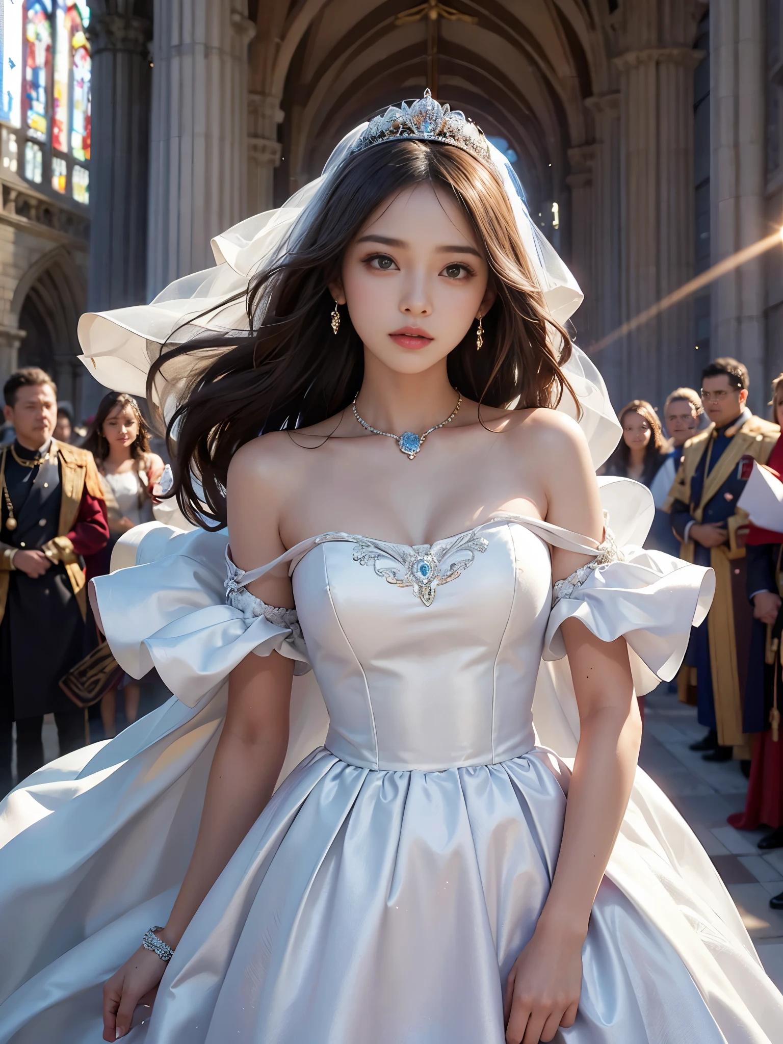 best quality, masterpiece, 1 girl, yak, cute , shiny lips, sweet, sun glare, Conservative attire, wedding dress, Bridal tiara, depth of field, blurred background, Cathedral Background, light particles, strong wind, long hair, head tilt
