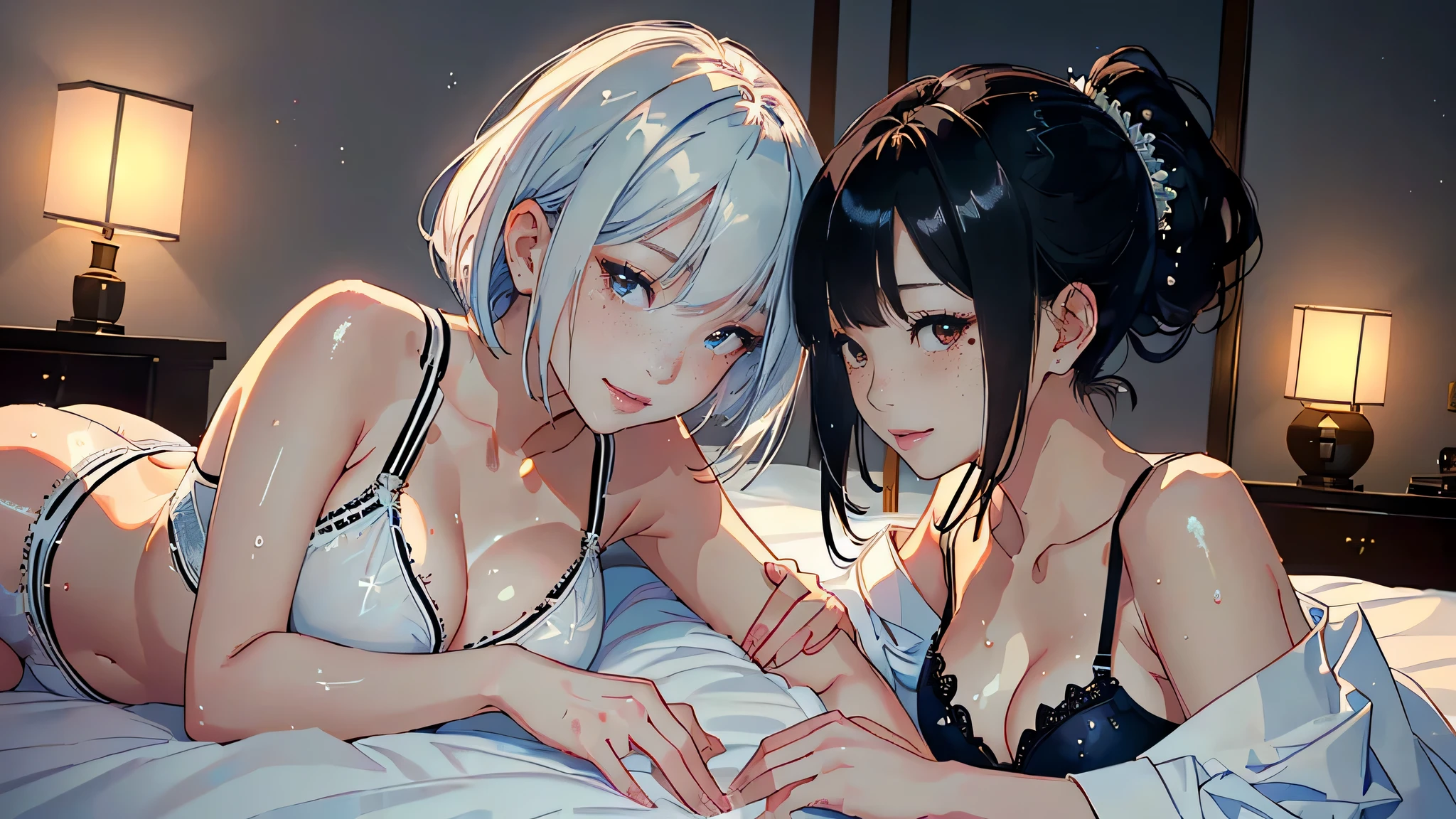 ((random pose)).A glamorous love hotel,On a decorated bed,A Japanese woman in white underwear holding her body, Japanese woman with bob cut lying down, Two Japanese women in their 20s hugging each other, evil smile, Japanese woman looking away, random pose,2 Japan women,Genuine young gravure idol, Young and beautiful gravure idol, Chiho, 8K)), Young sensual gravure idol, Wet, shiny skin!!, Shiny silver, Mole under left eye,Cute freckles on the cheeks,((beautiful skin)),((skin texture)),((Real Touch)), healthy,ruddy skin, beautiful clavicle, Tie your hair with a rubber band,ponytail, ((Embellished Detail Bra,sensual)),Danmei,Melting eyes.smile.Trance,Danmei,