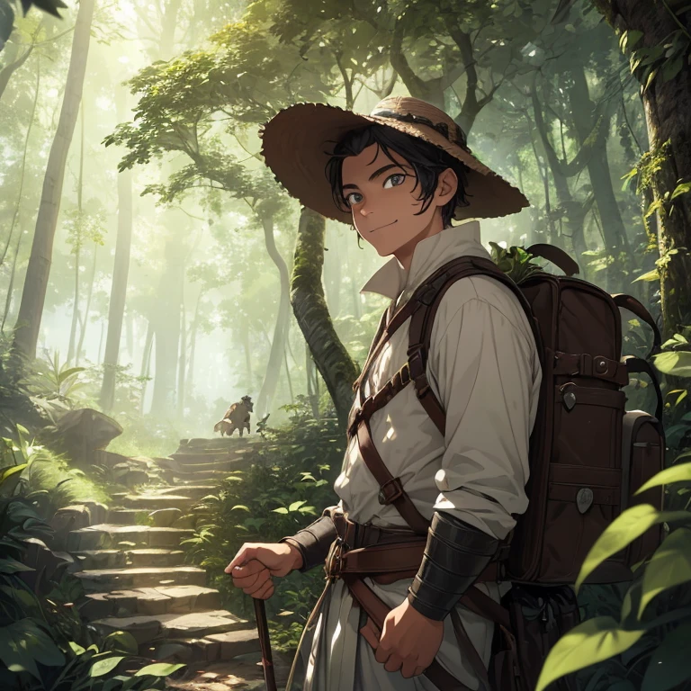 An adventurer, clad in explorer's attire, ambles through a clearing, his gaze fixed upon the canopy of trees overhead. The sun casts dappled light upon his intricately detailed face, each line and wrinkle telling a tale of past escapades. His eyes smile widely beneath furrowed brows, as if in awe of the breathtaking scene before him. This realistic 4k image captures the essence of his spirit, the sense of wonder and curiosity that drives him forward. The adventurer's facial features stand out with high definition, his skin glowing under the natural light filtering through the foliage above. The scene exudes a sense of serenity