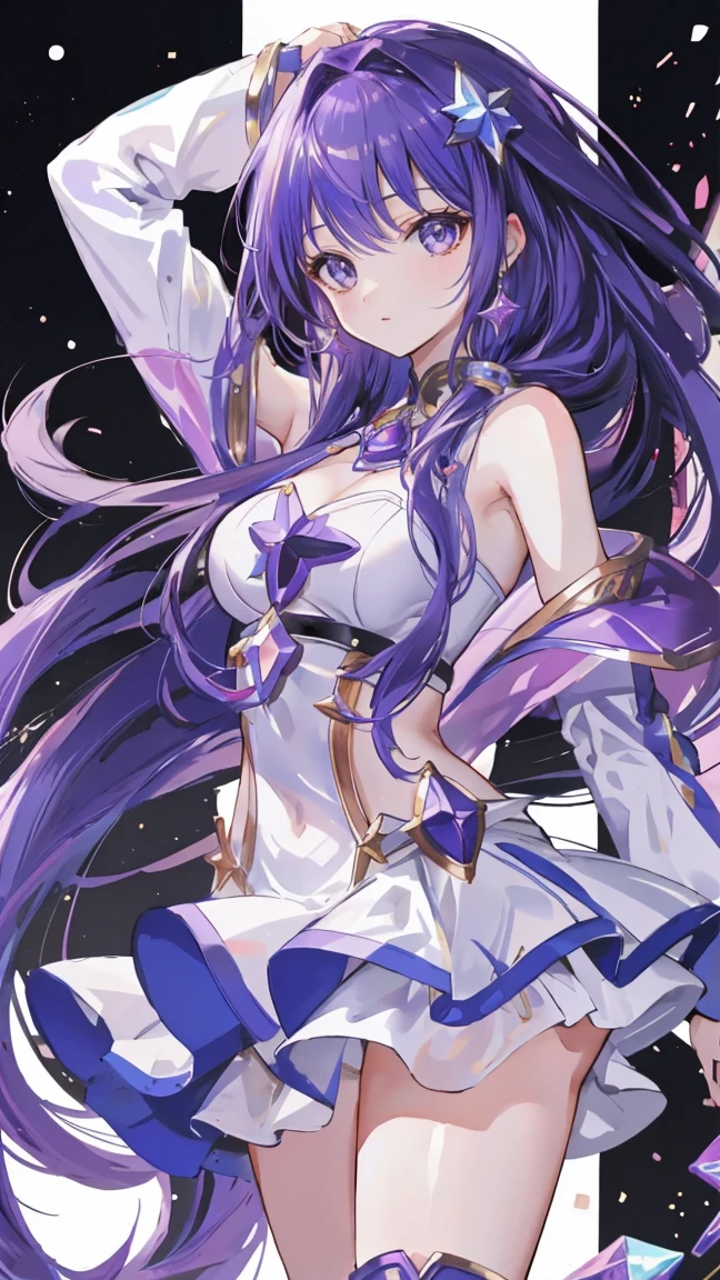 KDA League of Legends、Very beautiful big bright eyes、highest quality, 1 girl, nffsw, alone, long hair, Purple,Emphasizing the pearl,shy,