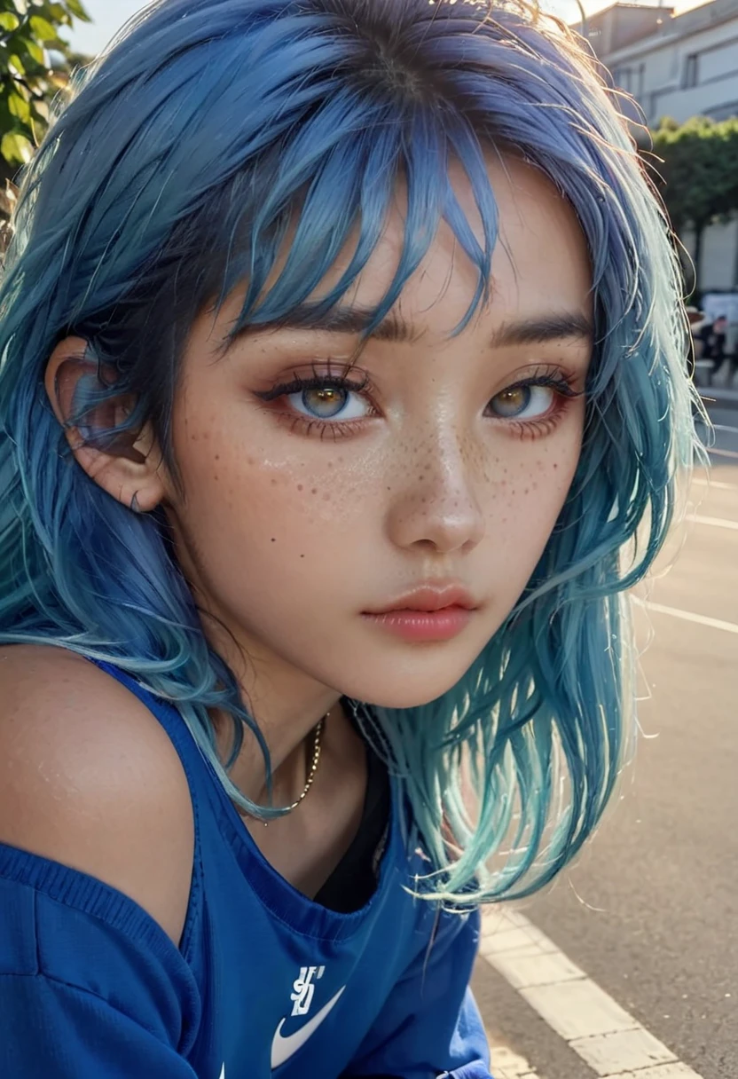 blue hair。 Best Anamorphic Lens Photography 50mm Lens Freckled Woman Close-up。In the background, the morning sun shines on her hair.、background is blurry。fashionable。NIKE sneakers。tanned skin。dark makeup。