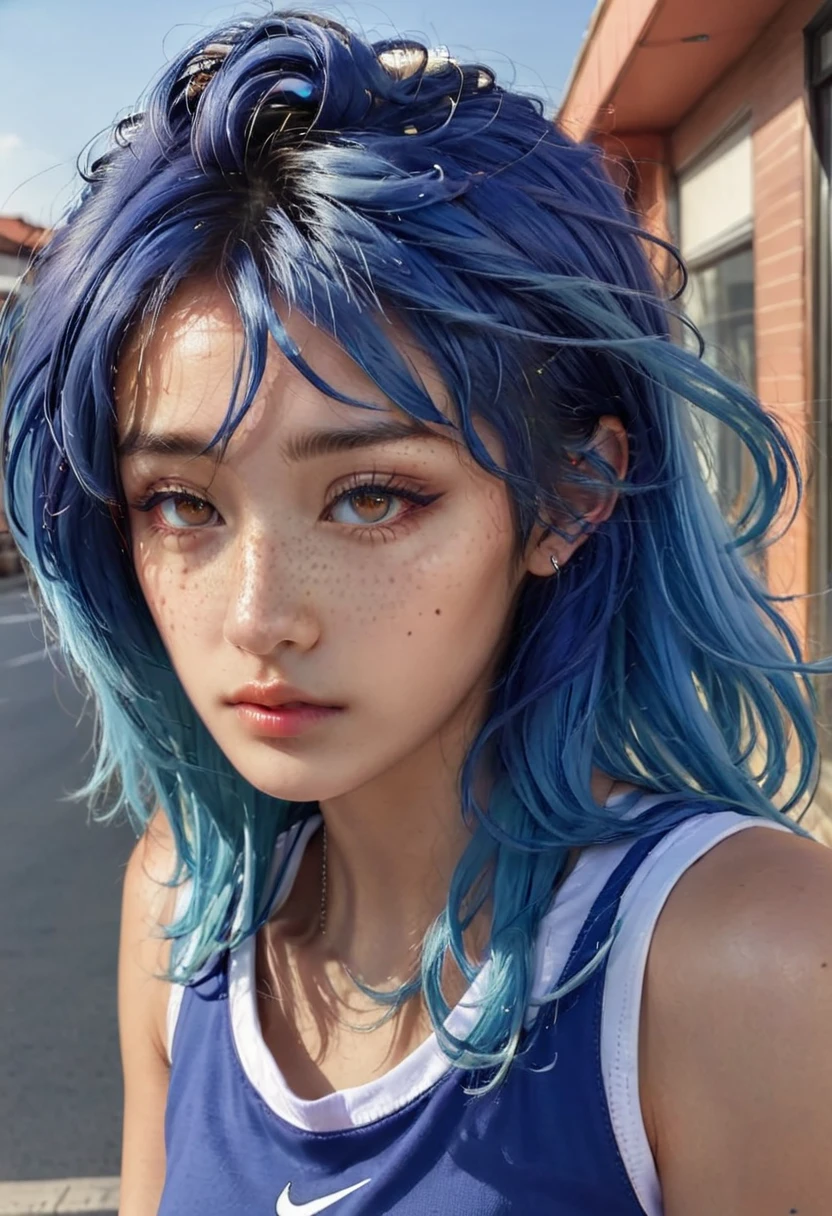 blue hair。 Best Anamorphic Lens Photography 50mm Lens Freckled Woman Close-up。In the background, the morning sun shines on her hair.、background is blurry。fashionable。NIKE sneakers。tanned skin。dark makeup。