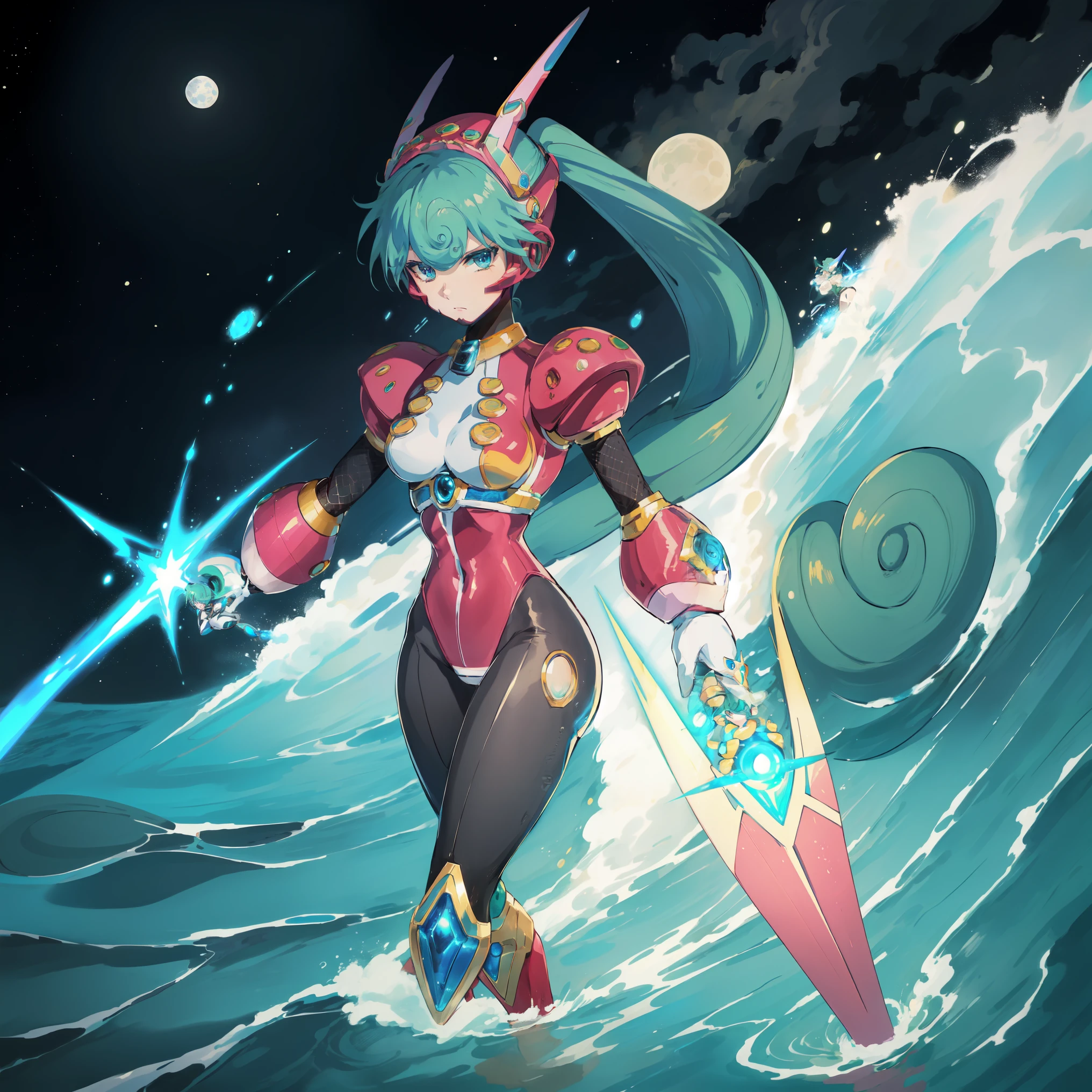 marino_megamanx, 1girl, green hair, blue eyes, ponytail, detailed face, breasts, high quality, masterpiece, surrounded by water and a small moon, in the style of vivid energy explosions, anime art, dark palette, sharp and angular, dragon art, 8k, whirring contrivances