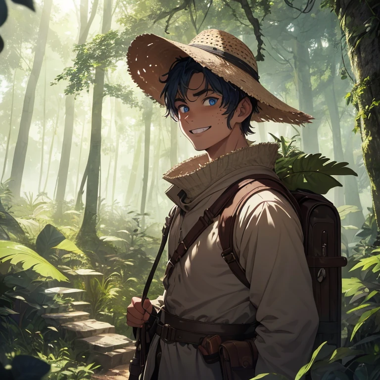An adventurer, with an intricately detailed face, strolled through a sun-lit clearing, gazing up at the vast canopy of trees above. His eyes sparkled with excitement and curiosity as he savored the beauty of nature surrounding him. His smile widened, revealing perfectly aligned teeth, as he took in every detail of his surroundings. The realistic 4k image captured every line on his weathered face, every wrinkle around his bright blue eyes, and every freckle on his sun-kissed skin. The resolving power of the image brought out the true essence of the adventurer's spirit, making him seem more alive and authentic than ever.