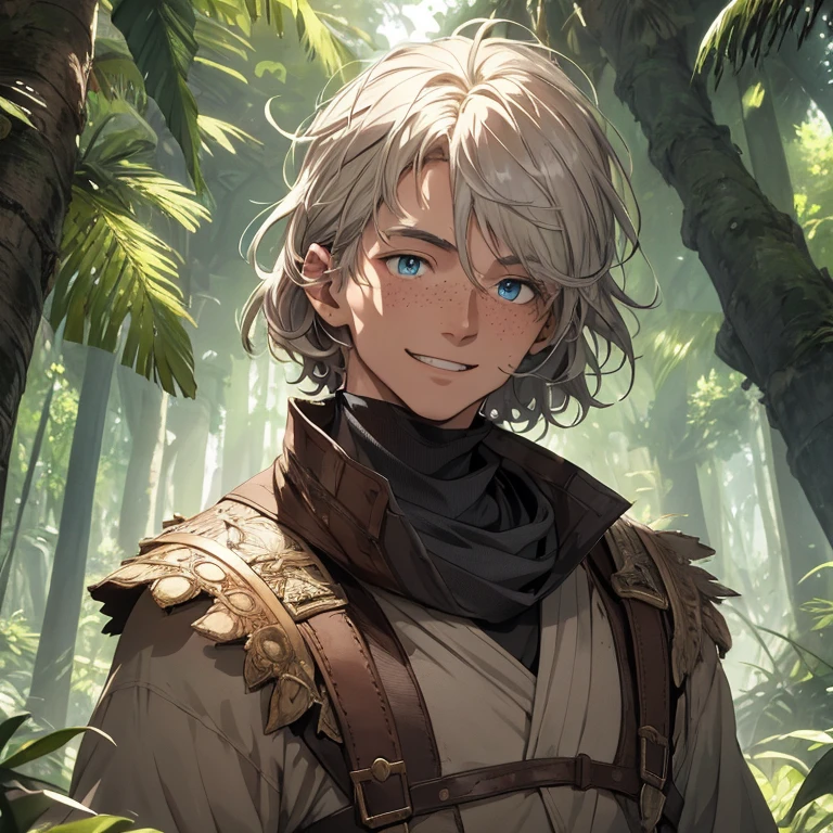 An adventurer, with an intricately detailed face, strolled through a sun-lit clearing, gazing up at the vast canopy of trees above. His eyes sparkled with excitement and curiosity as he savored the beauty of nature surrounding him. His smile widened, revealing perfectly aligned teeth, as he took in every detail of his surroundings. The realistic 4k image captured every line on his weathered face, every wrinkle around his bright blue eyes, and every freckle on his sun-kissed skin. The resolving power of the image brought out the true essence of the adventurer's spirit, making him seem more alive and authentic than ever.