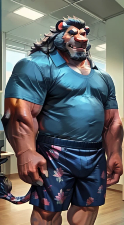 (por dramamine, por acaso), homem maduro, cicatriz no olho, old chubby lion, (pelo marrom:1.2),meia idade,((cabelo curto preto)),((barba facial)),(nada ali, Melhor qualidade, alta qualidade, detalhado, sombreado, sombreamento, obra de arte:1.2), detalhado eyes, detalhado clothing, sorriso pretensioso, sorriso sedutor, peito peludo, copos,Inside the office,(blue pattern boxers:1.4), (camisa branca aberta:1.5), (gravata removida),(meias pretas:1.2)