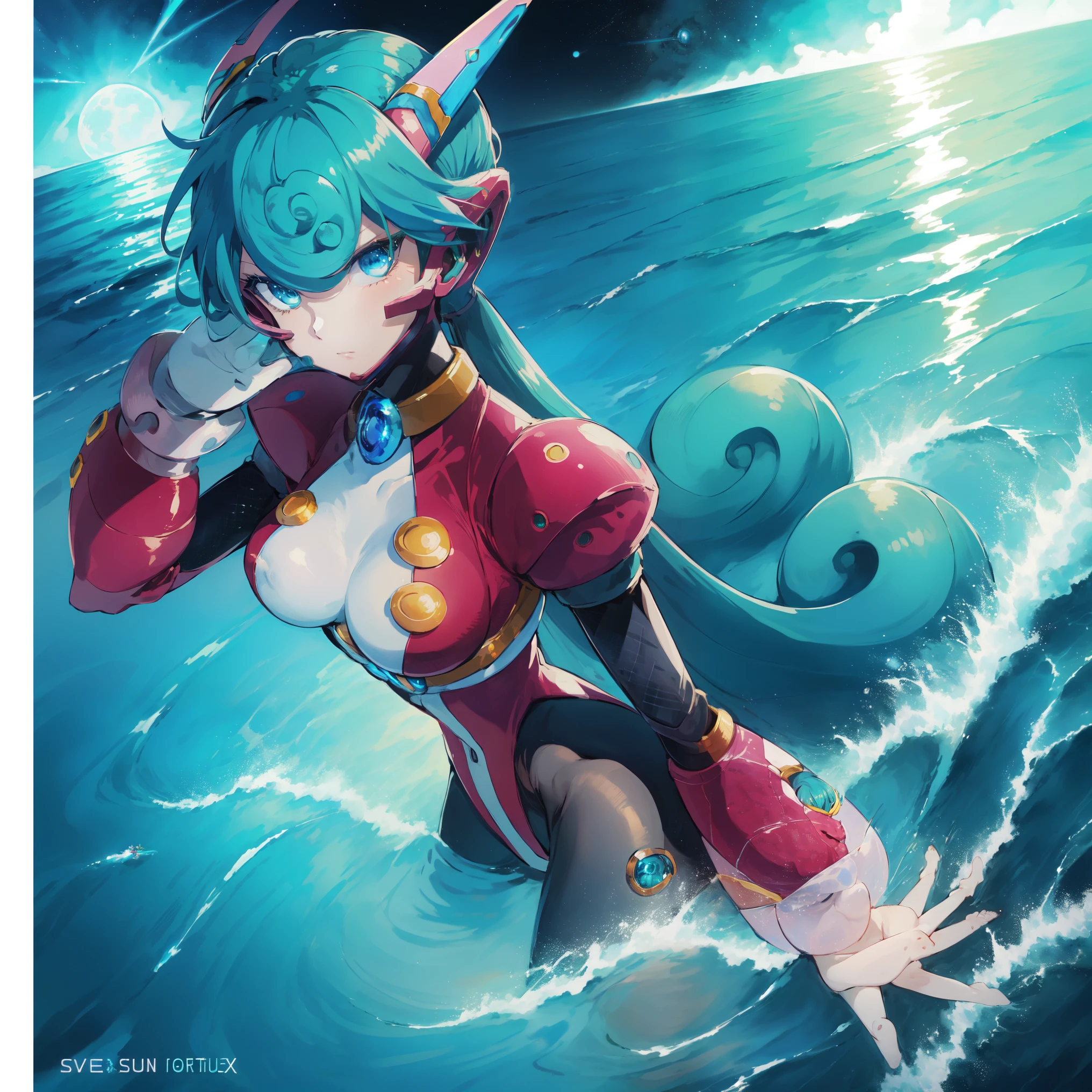 marino_megamanx, 1girl, green hair, blue eyes, ponytail, detailed face, breasts, high quality, masterpiece, surrounded by water and a small moon, in the style of vivid energy explosions, anime art, dark palette, sharp and angular, dragon art, 8k, whirring contrivances