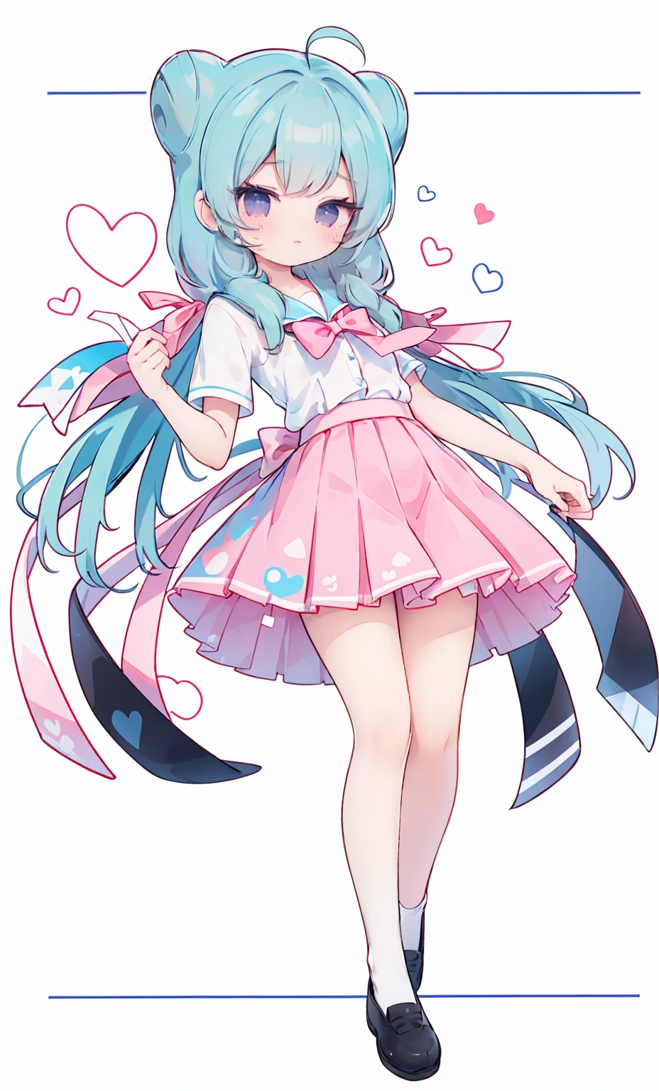 masterpiece, best quality, high resolution, aabeta, double, white simple background, standing, slim waist, cute, sailor uniform, pink bow tie, blue skirt, (PastelColors: 1.3), full body