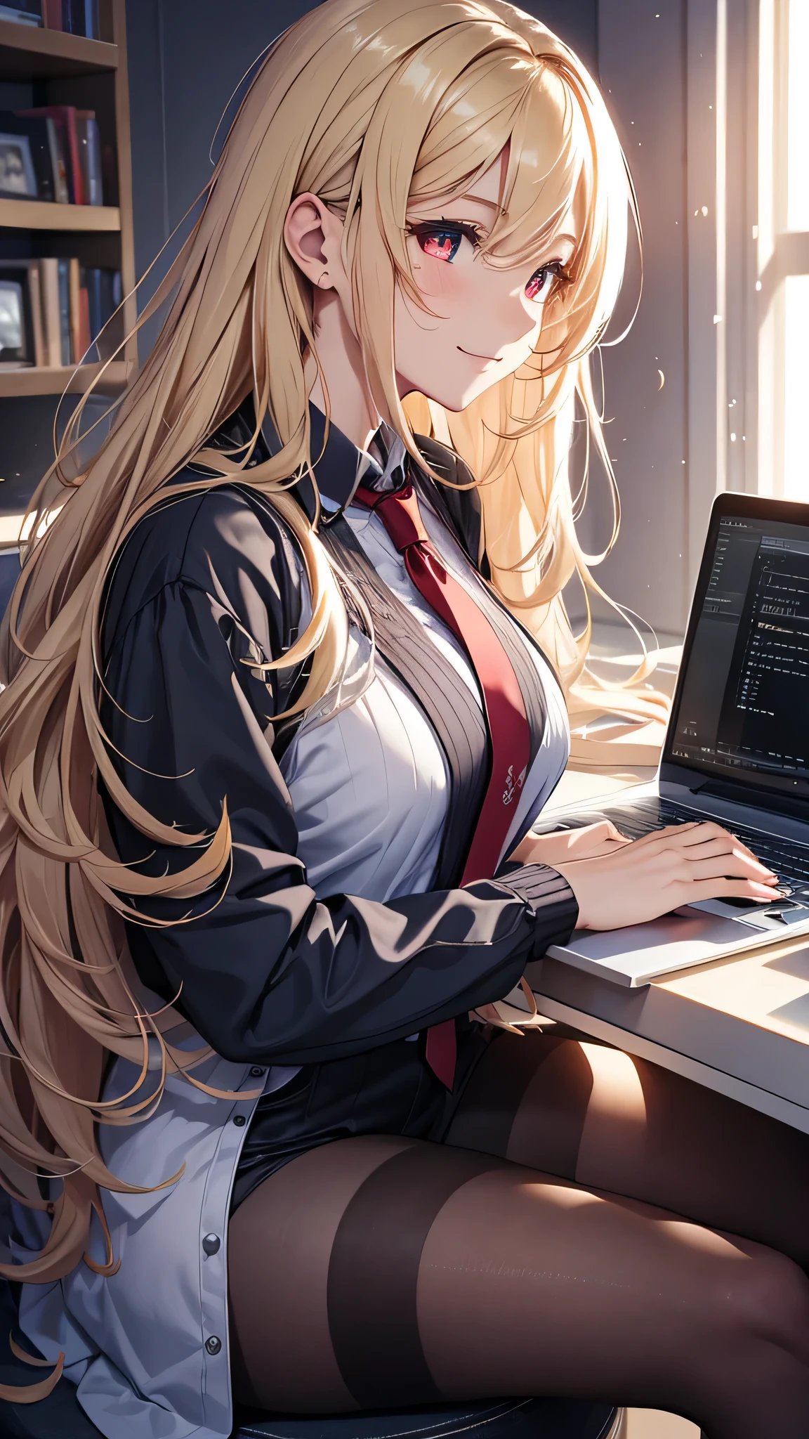 最high quality、best image quality、masterpiece、girl((18-year-old、 By becoming、vest bust、medium bust,wide open breast tea、red glowing eyes, blonde、messy hair、long hair、thin,highest valley、black suit、Blue tie、open chest、White wristband、smile、Leaning forward、hair ornaments、have a laptop、Angle from the side)),high quality、beautiful art、background((White computer room、Coffee cup))、Flight、debris flies、Depth of written boundary、movie、visual art、perfect art、8K,genuine、