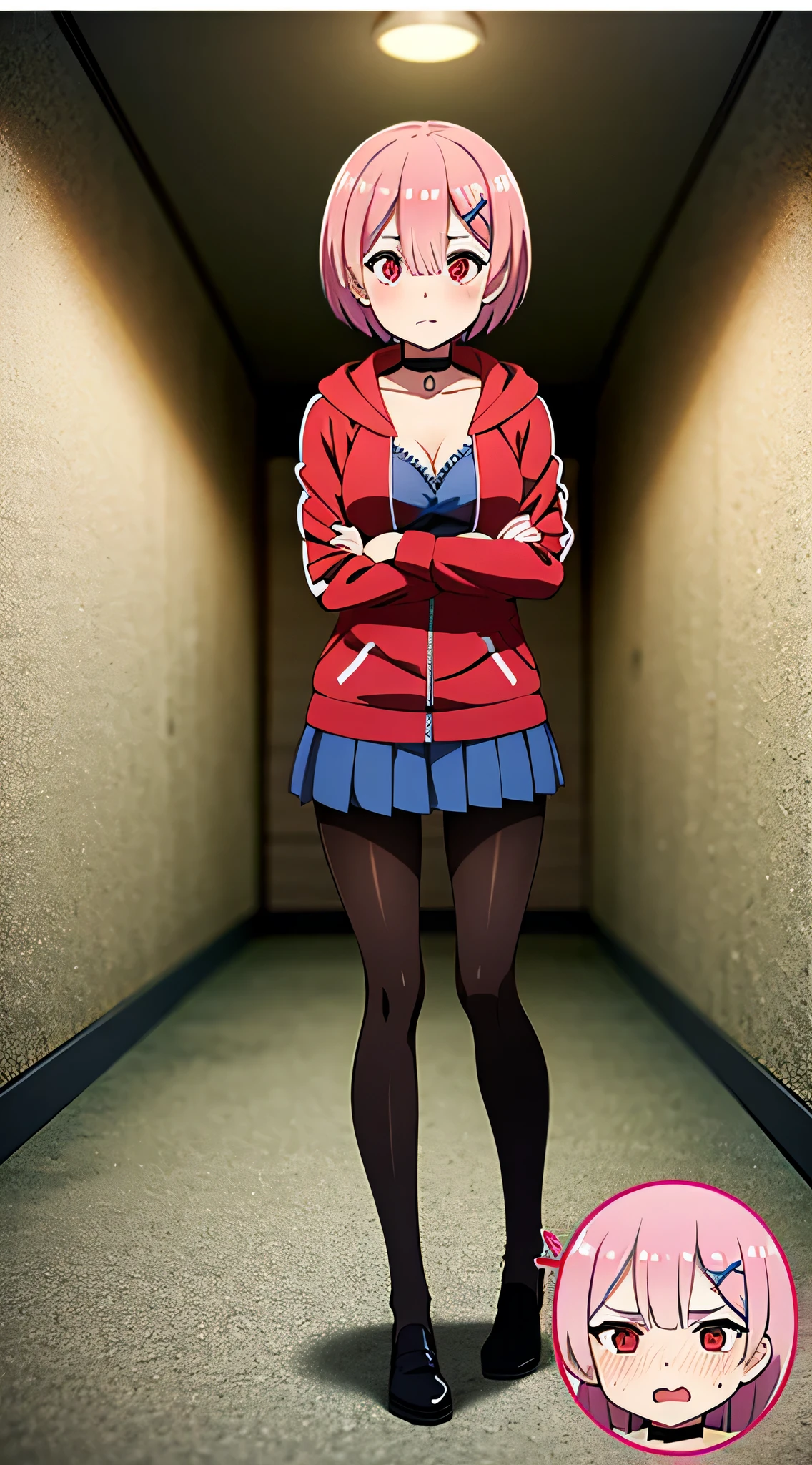 masterpiece, rem rezero, pink hair, red eyes, detailed eyes, orgasm face, red hoodie opened zipper, blue bra, dark miniskirt, pantyhose, slut oufit, crossed arms, standing in the middle of the hall, legs apart, looking at the viewer, choker, kinda cute, embarrassed