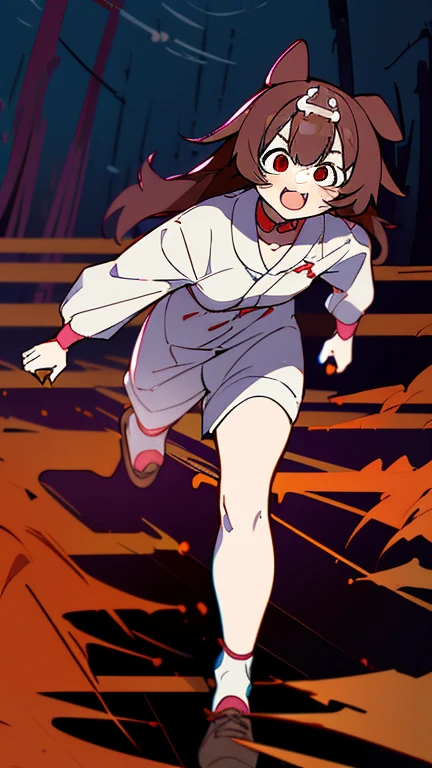 (highest quality), 1 girl, :d, head tilt, inugami korone, brown hair, dog ears,((dark forest)),((Horror Live)),((She has a terrified look on her face)),(She's on the run from a killer:1.7),(((full body:1.3))),Inugami Korone | Hololive,