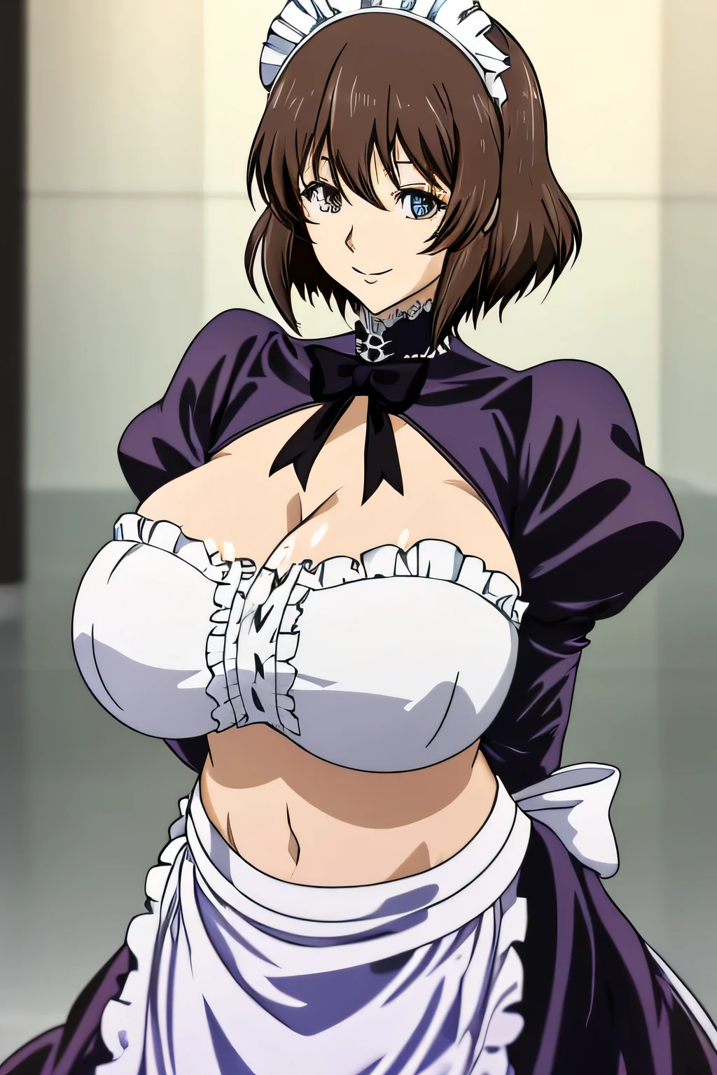 Una mujer mayor . mature huge breast big dark brown hair her light yellow eye round big eyelash dresses black maid top shows navel and dresses black maid skirt metallic and happy