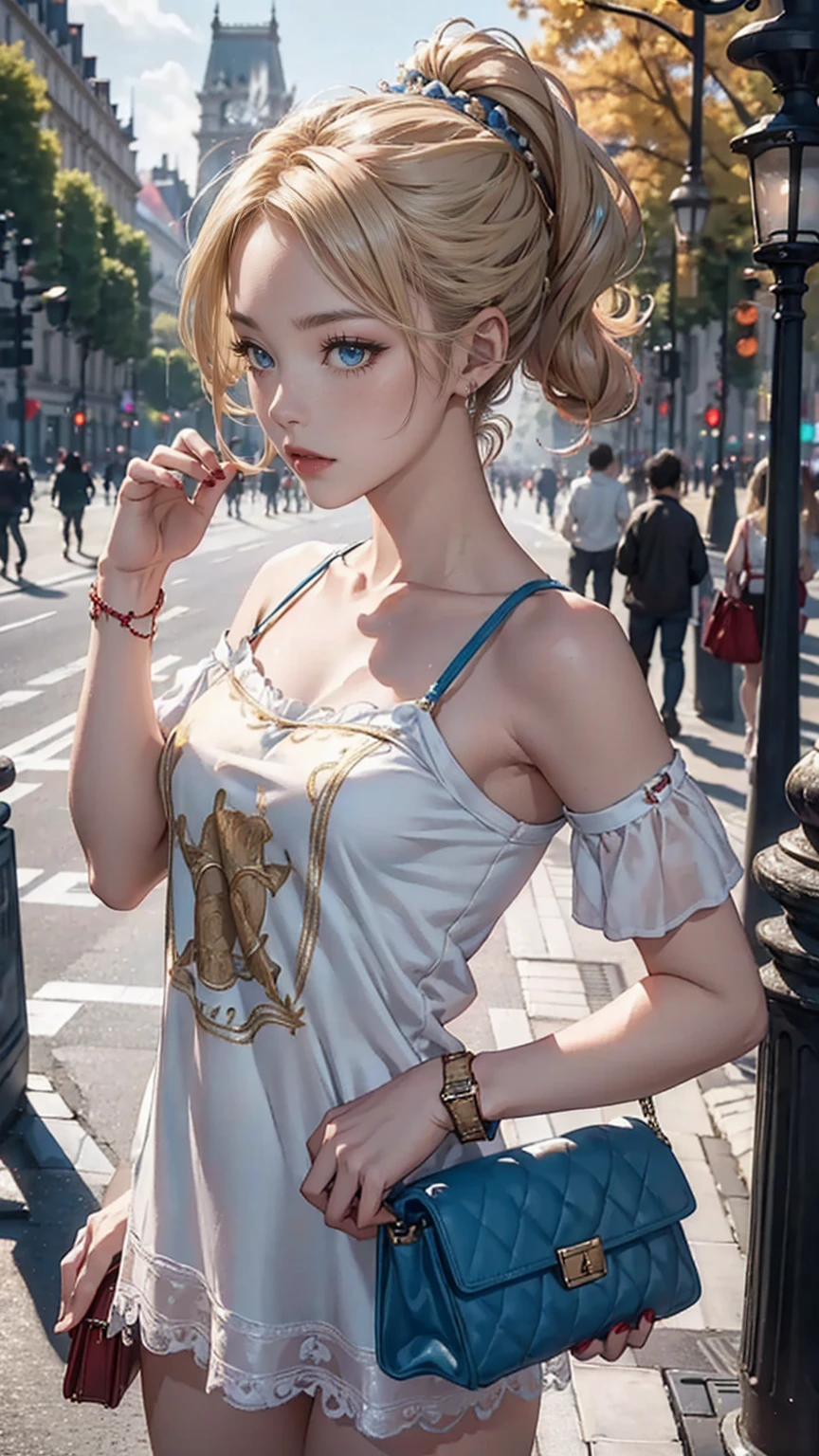 ((最high quality, 8K, masterpiece: 1.3, Ultra HD, high quality, 最high quality, High resolution, realism)) 、(high color saturation:1.0), (highly detailed skin), (最high quality:1.0), (超High resolution:1.0) ,(realistic:1.0), (Super detailed:1.0), (8K, Raw photo:1.1), slender、Slender, muscular body that&#39;s toned like an athlete&#39;s、I don&#39;t want my head to disappear from the screen.、Wear accessories on your wrist、Wearing red nail polish、I have a peticure、cinematic lighting, sparkle 、25 year old white woman、platinum blonde、long hair、blue eyes、hair above one eye、Camisole dress((camisole one piece))wear、wear sandals、On the Champs Elysées in Paris、Carry a handbag over one&#39;s shoulder、front ponytail((front ponytail))